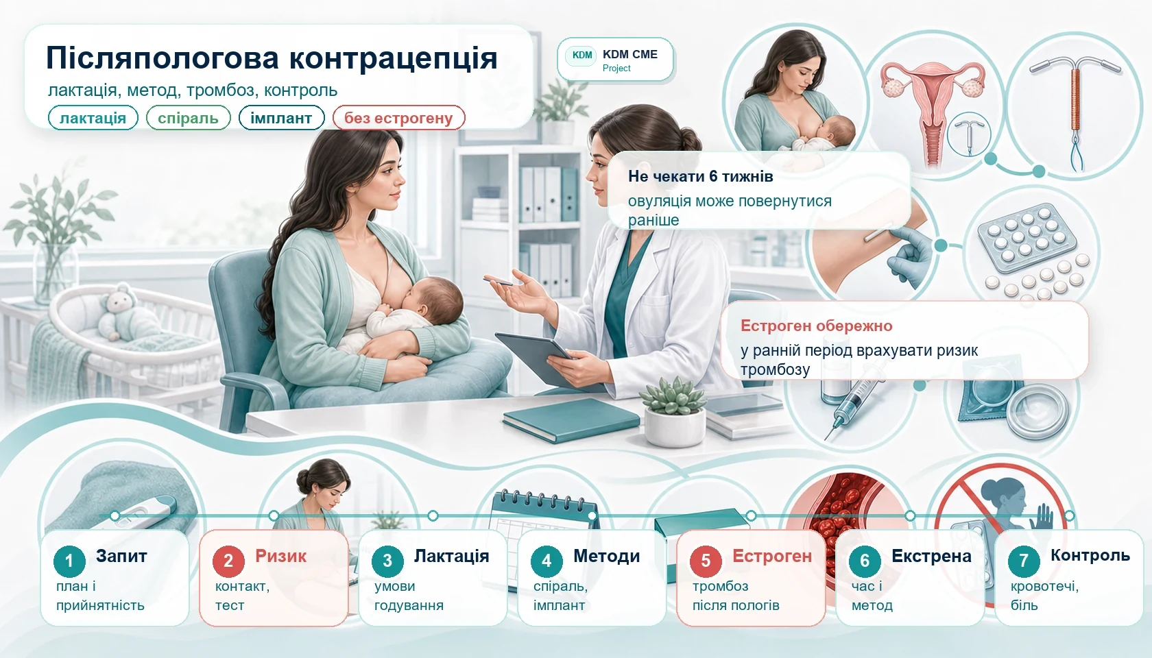 Медична інфографіка алгоритму післяпологової контрацепції і лактації: післяпологова консультація з немовлям, грудне вигодовування, репродуктивний план, внутрішньоматкова спіраль, імплант, прогестинові методи, бар’єрний метод, екстрена контрацепція, обережність з естрогеном, ризик тромбозу і контроль.