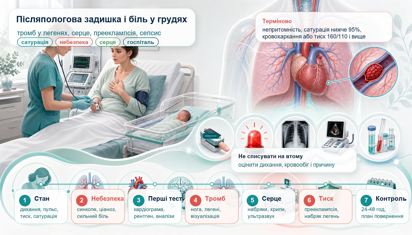 Інфографіка алгоритму післяпологової задишки і болю у грудях: оцінка стану і сатурації, небезпечні ознаки, тиск, електрокардіограма, рентген, підозра на тромб у легенях, серцева оцінка, ехокардіографія, прееклампсія, госпіталізація і контроль.