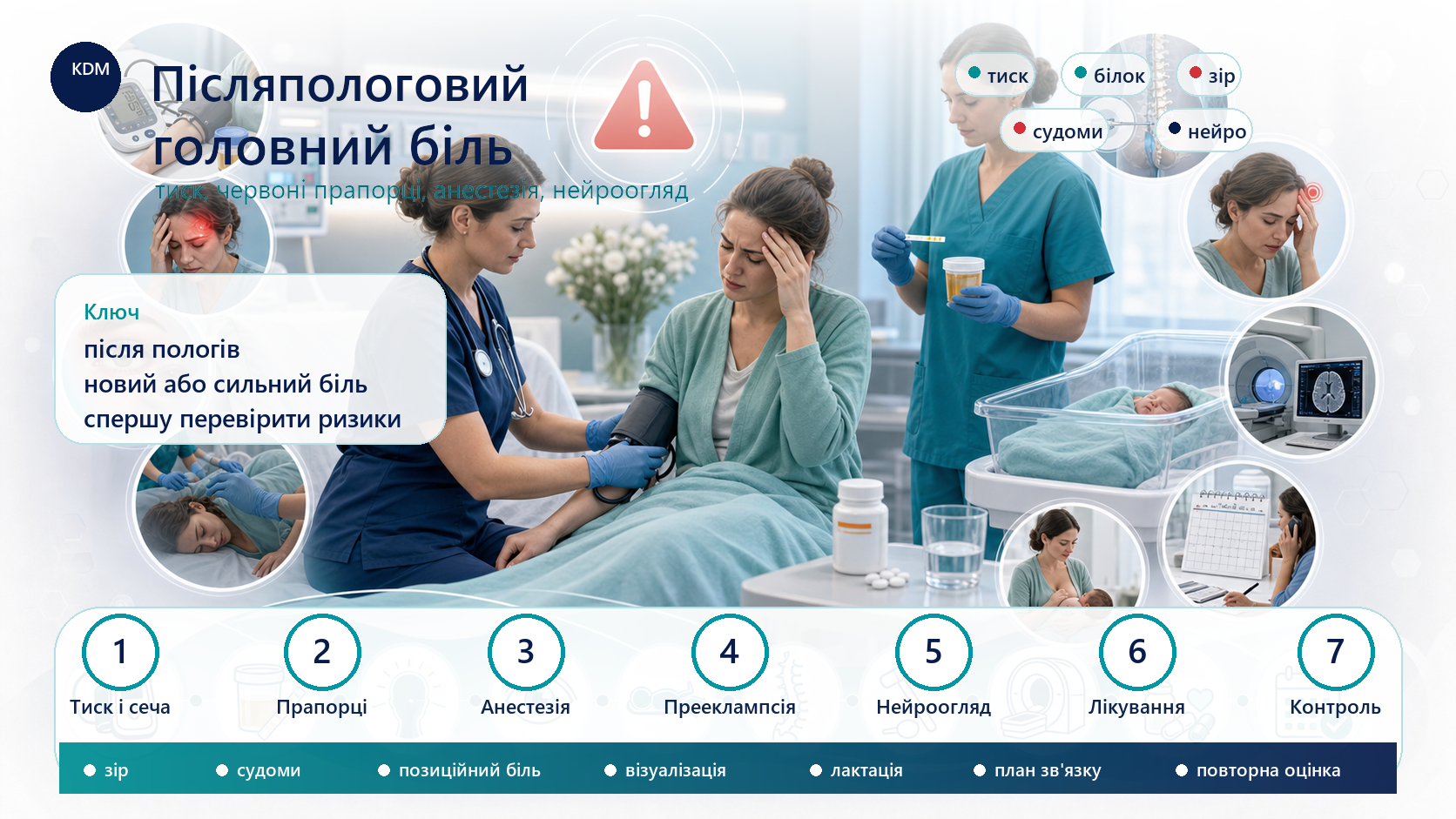 Медична інфографіка алгоритму післяпологового головного болю: післяпологова пацієнтка із головним болем, вимірювання артеріального тиску, перевірка білка в сечі, червоні прапорці, епідуральна або спінальна анестезія, неврологічний огляд, візуалізація за показаннями, лікування, лактація і контроль.