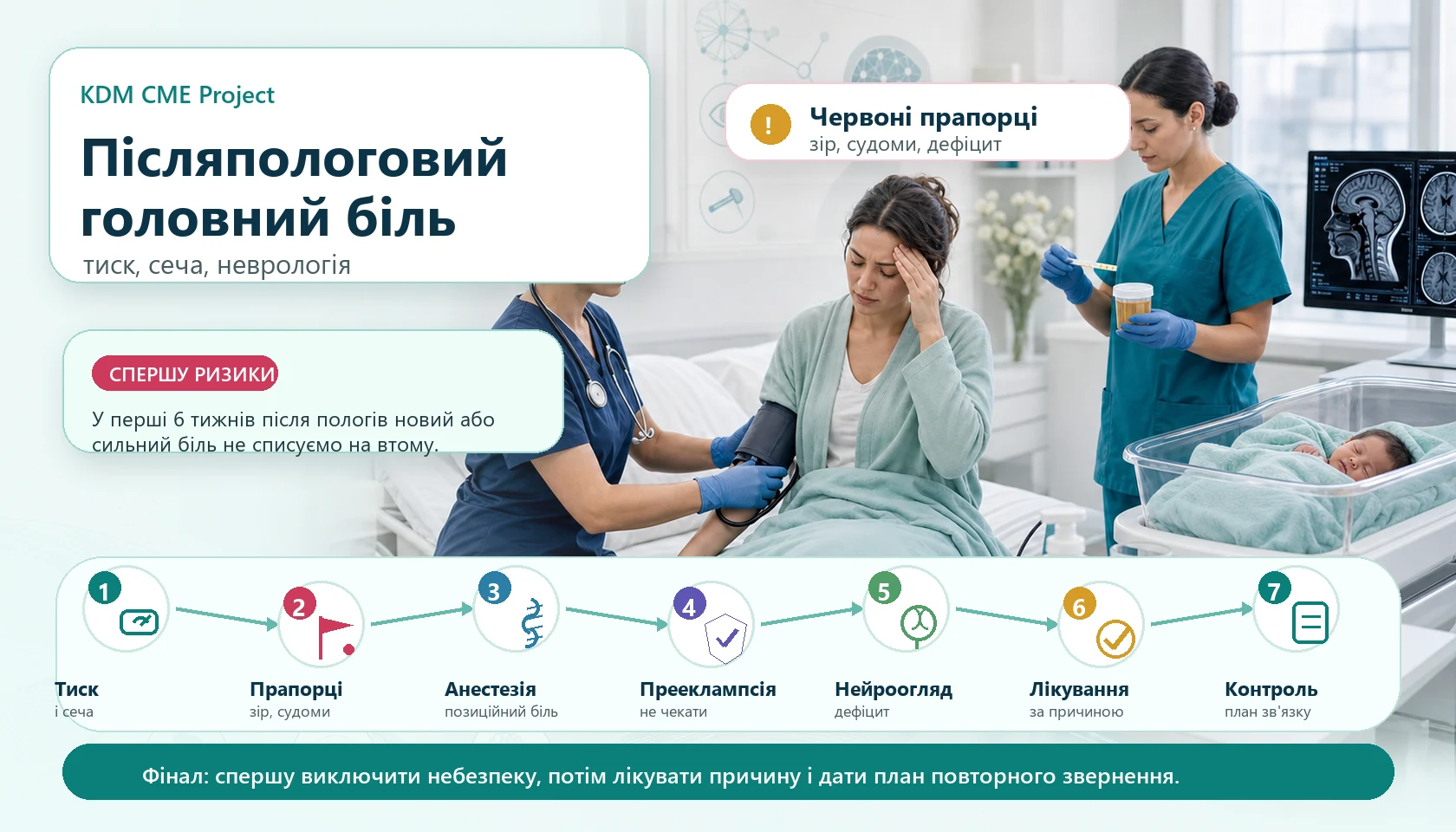 Медична інфографіка KDM CME Project для алгоритму післяпологового головного болю: пацієнтка в перші 6 тижнів після пологів під час огляду, вимірювання артеріального тиску, перевірка білка в сечі, оцінка зору, судом, неврологічного дефіциту, уточнення епідуральної або спінальної анестезії, підозра на прееклампсію, неврологічний огляд, візуалізація за показаннями, лікування причини, лактація і план повторного звернення.