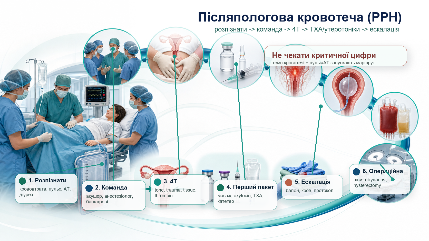 Postpartum hemorrhage clinical pathway infographic: early recognition, quantified blood loss, 4T causes, team call, uterotonics, tranexamic acid, uterine massage, balloon tamponade, blood products, surgery and debrief.