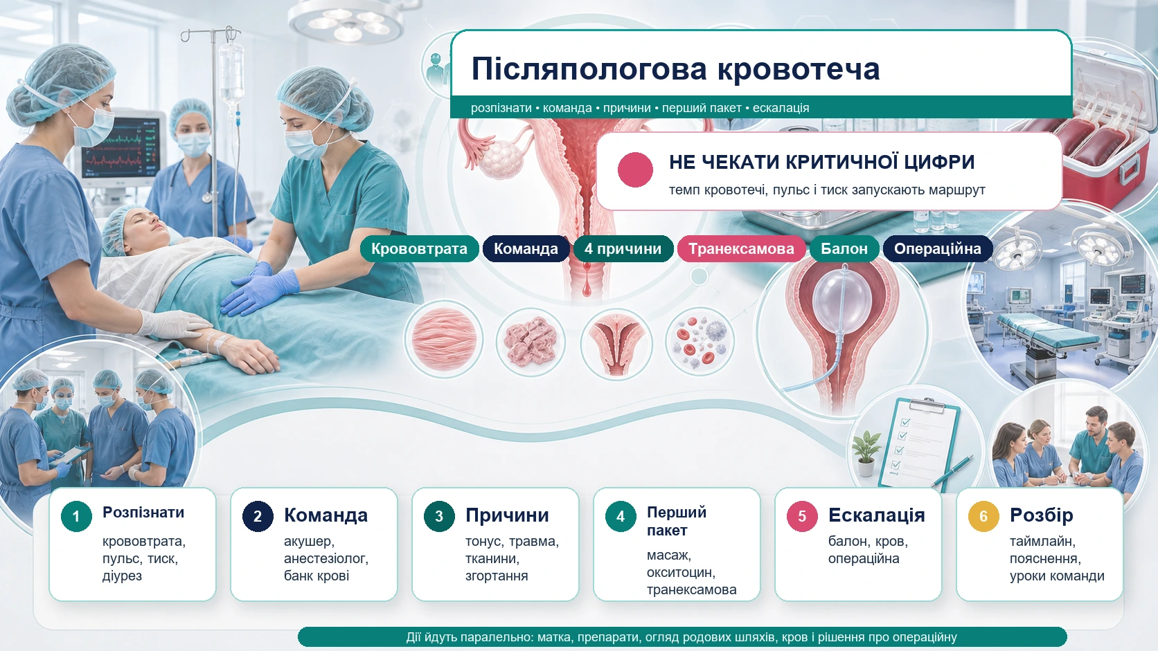 Інфографіка алгоритму первинної післяпологової кровотечі: раннє розпізнавання, об’єктивна оцінка крововтрати, чотири причини кровотечі, командний виклик, утеротоніки, транексамова кислота, масаж матки, балонна тампонада, компоненти крові, операційна ескалація і командний розбір.