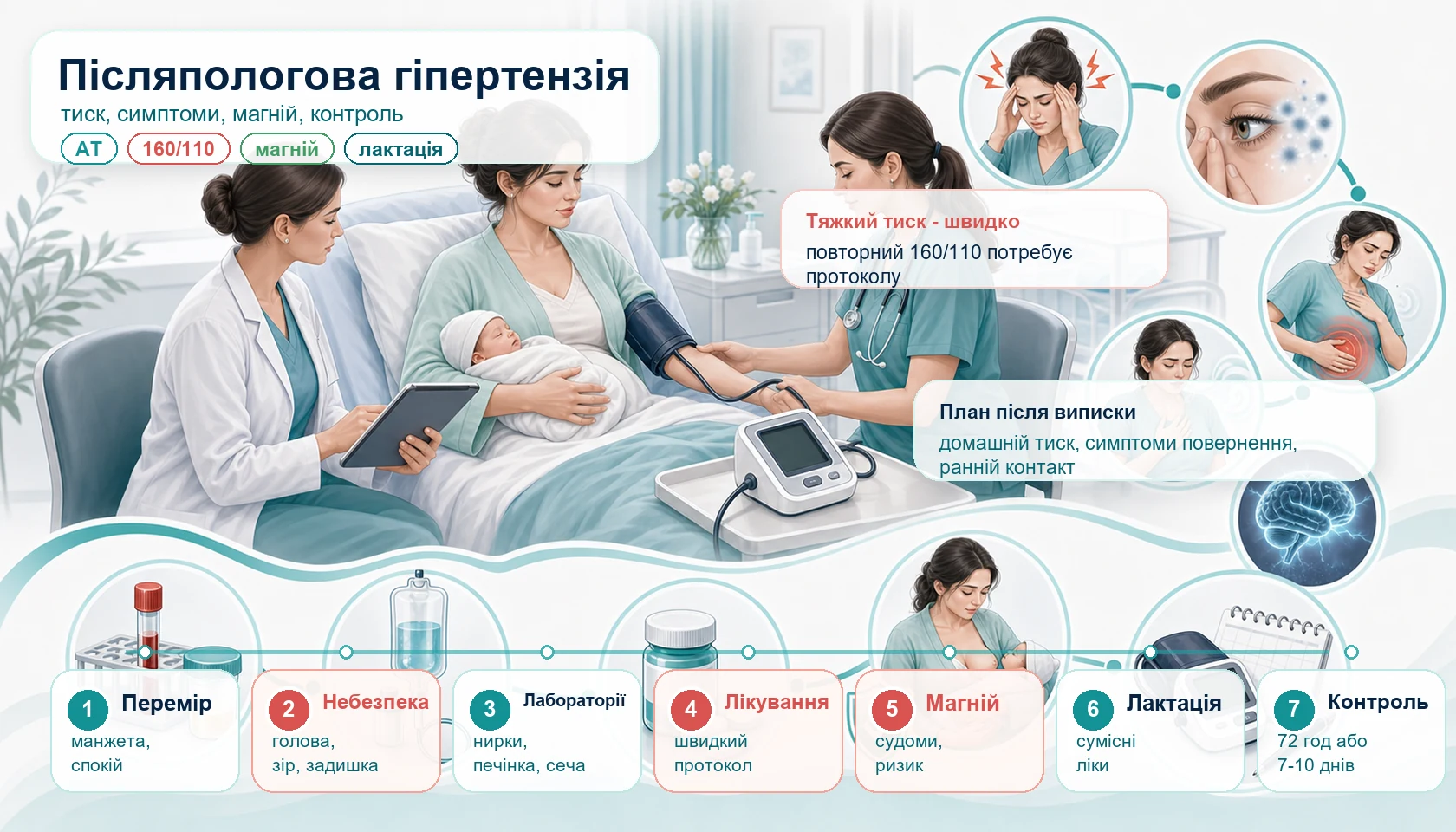 Медична інфографіка KDM CME Project для алгоритму післяпологової гіпертензії та прееклампсії: пацієнтка з немовлям, правильне вимірювання артеріального тиску, поріг 160/110, головний біль, зорові симптоми, біль під ребрами, задишка, лабораторії, швидкий антигіпертензивний протокол, магнію сульфат, лактація, домашній моніторинг тиску, контроль у 72 години або 7-10 днів і довгостроковий серцево-судинний ризик.