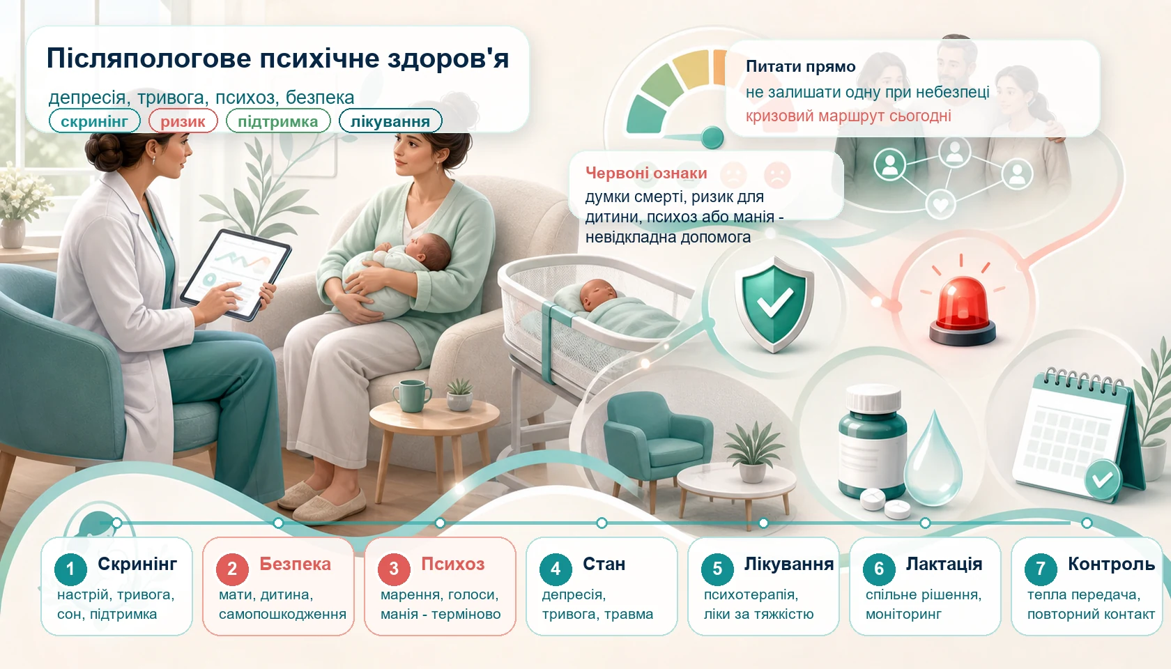 Інфографіка алгоритму післяпологового психічного здоров'я: скринінг настрою і тривоги, оцінка безпеки матері та дитини, післяпологовий психоз як невідкладний стан, лікування, лактація і контроль.