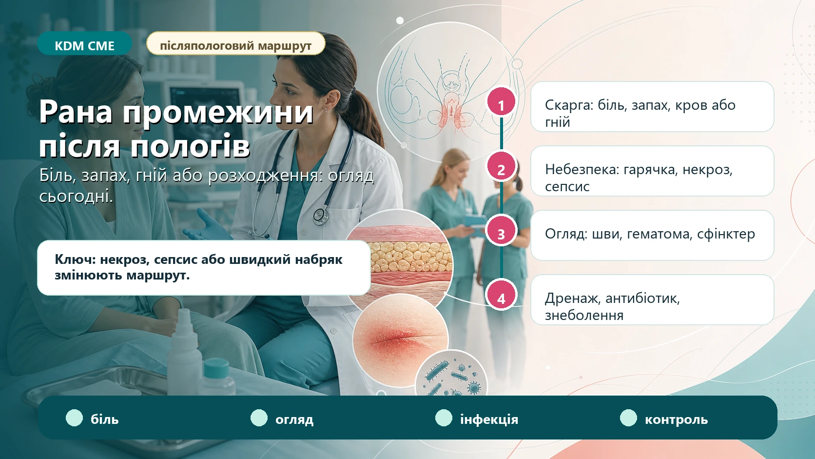 Інфографіка алгоритму рани промежини після пологів: біль, неприємний запах, гній, кров або розходження швів, небезпечні ознаки гарячки, некрозу, швидкого набряку і сепсису, огляд при доброму світлі та знеболенні, перевірка швів, гематоми і сфінктера, антибіотик, дренаж, догляд, повторне ушивання лише після оцінки тканин, контроль сечовипускання, випорожнення, болю і тазового дна.
