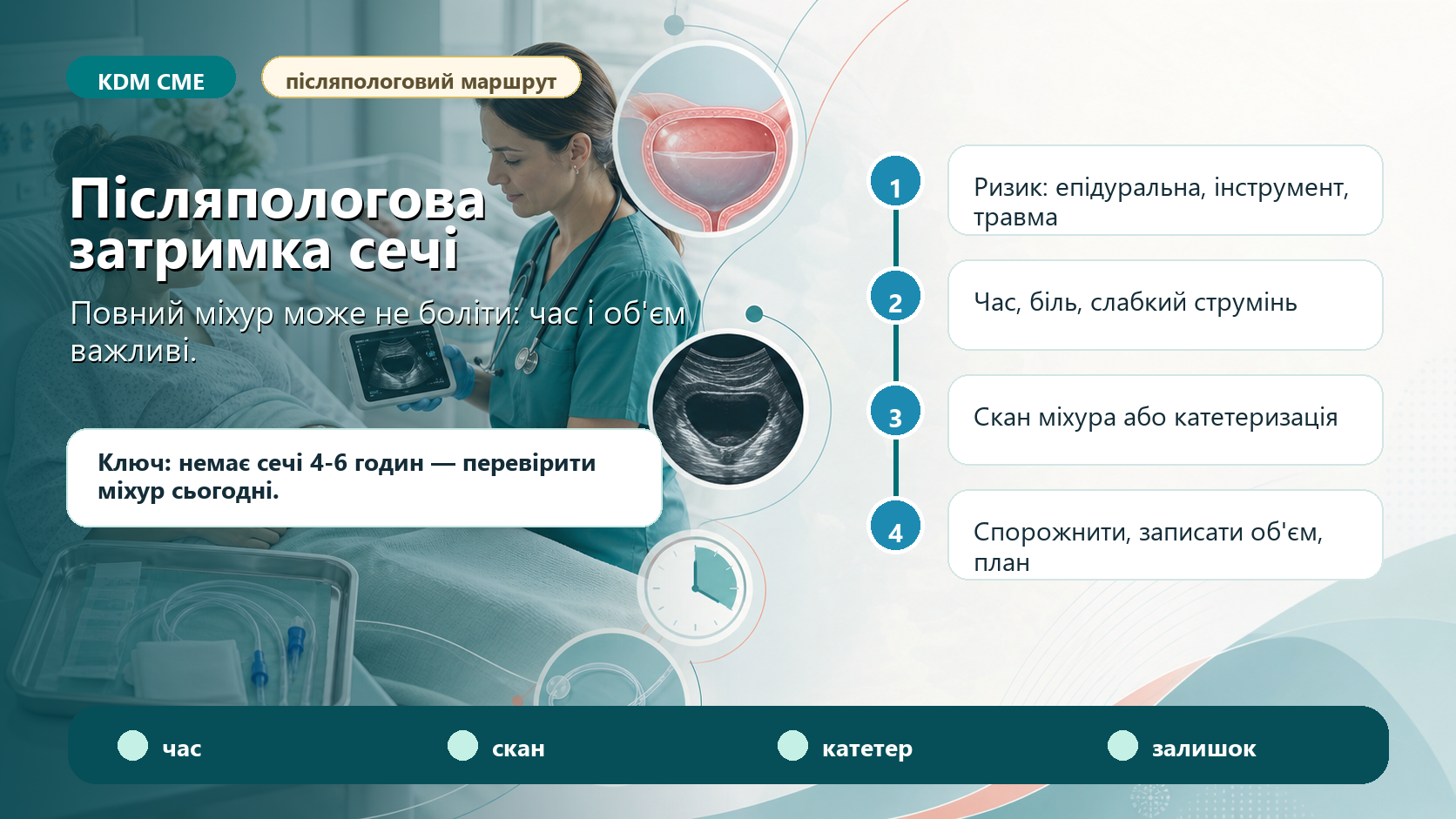 Інфографіка алгоритму післяпологової затримки сечі: час першого сечовипускання після пологів або катетера, ризик епідуральної анестезії, інструментальних пологів, травми промежини, скан сечового міхура, катетеризація, фіксація об’єму, проба без катетера, залишкова сеча після сечовипускання, інструкції після виписки і повторне звернення.