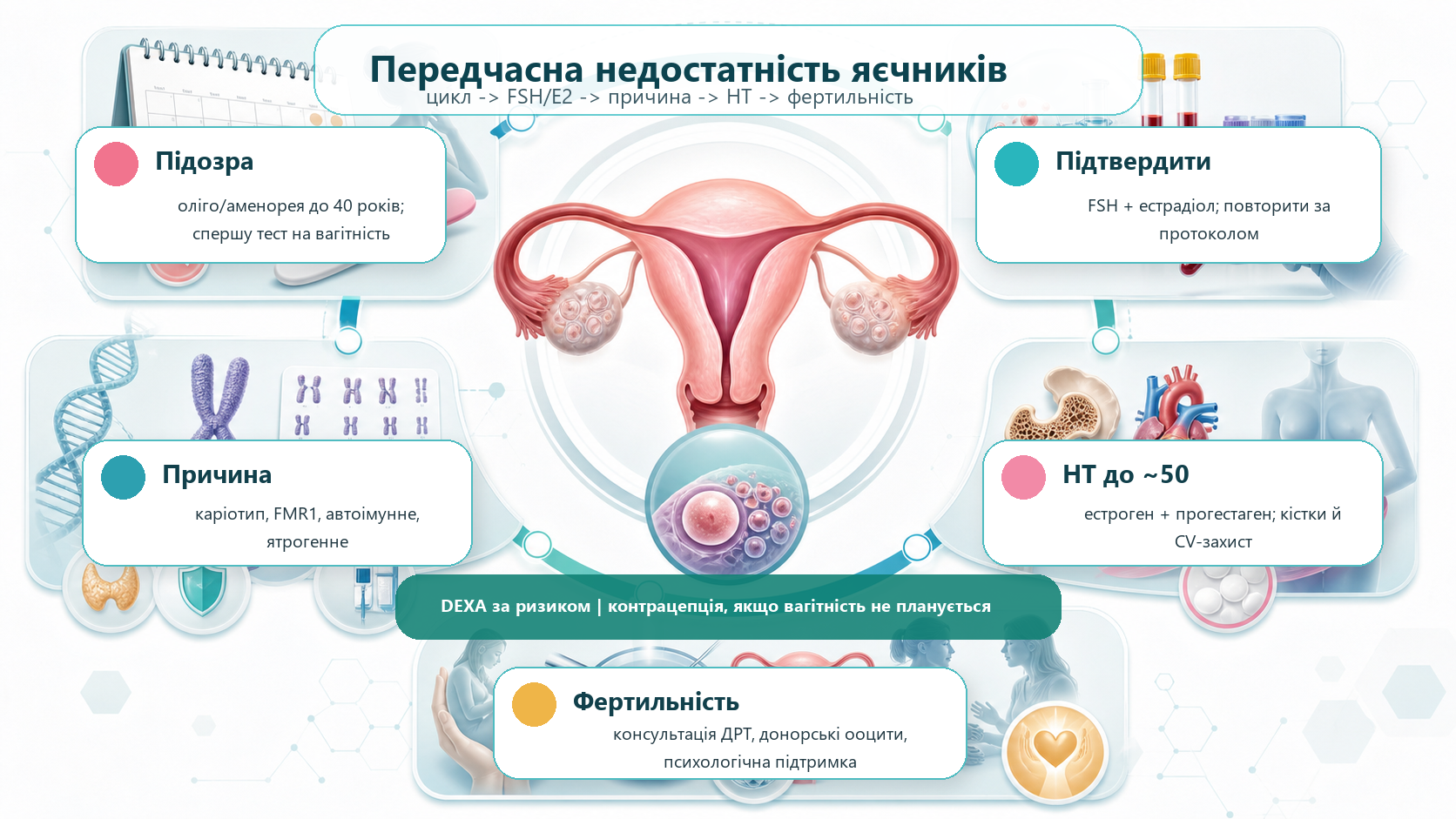 Premature ovarian insufficiency clinical pathway infographic: suspicion, FSH and estradiol confirmation, cause assessment, hormone therapy, bone and cardiovascular health, and fertility counseling.