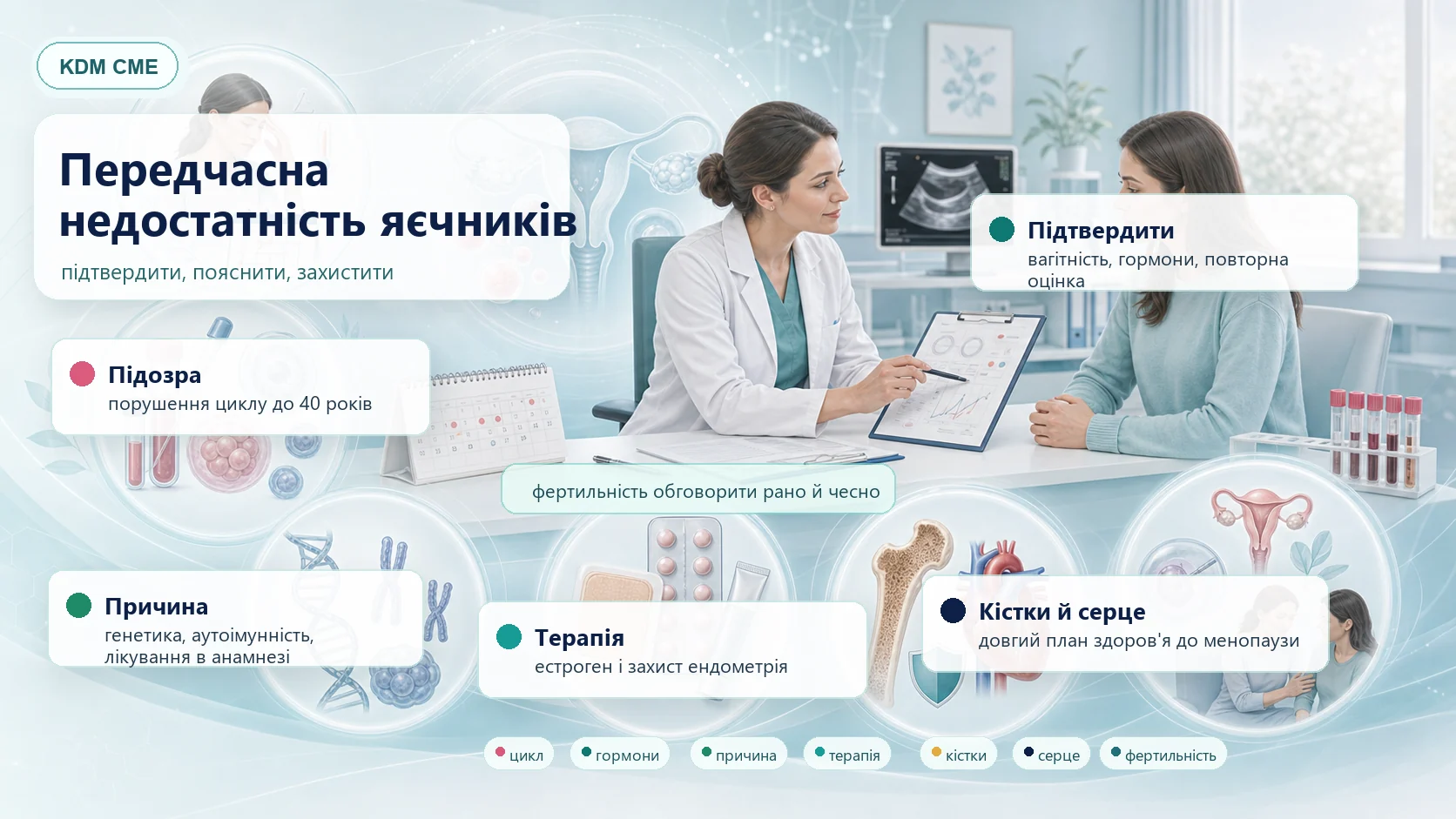 Інфографіка алгоритму передчасної недостатності яєчників: підозра до 40 років, підтвердження гормонами, пошук причини, гормональна терапія, кістки, серце, фертильність і довгостроковий план.