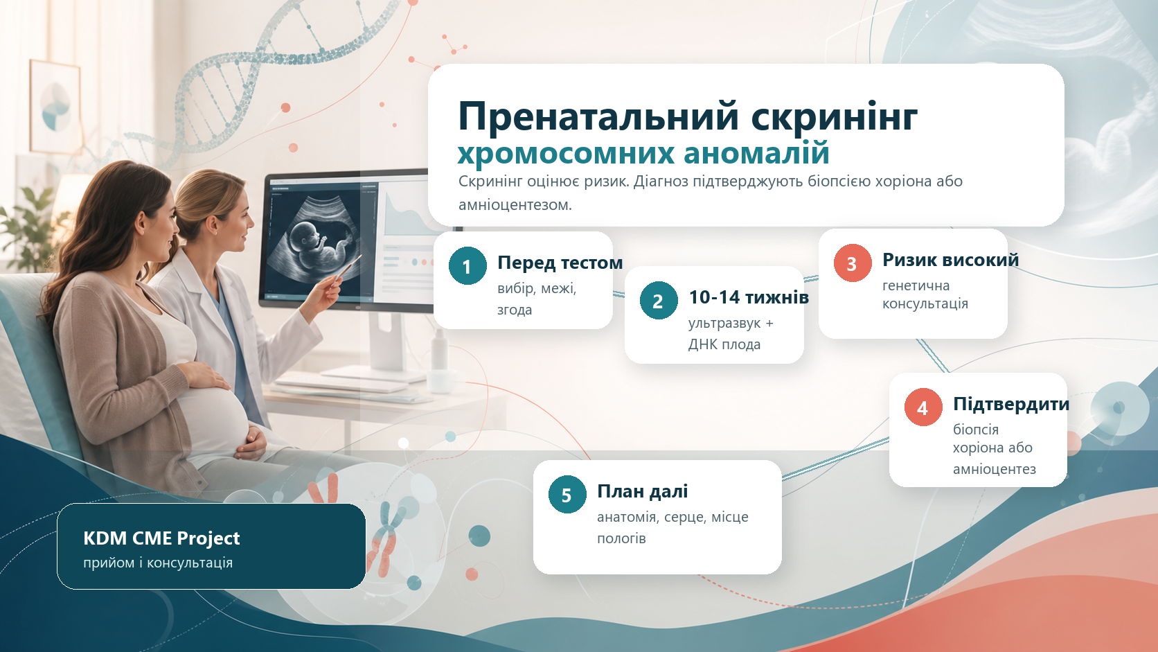 Інфографіка алгоритму пренатального скринінгу хромосомних аномалій: передтестове консультування, ультразвукове дослідження першого триместру, комбінований скринінг або позаклітинна ДНК плода, позитивний результат як підвищений ризик, біопсія ворсин хоріона або амніоцентез для діагнозу, м’які маркери, генетичне консультування і план подальшого ведення.