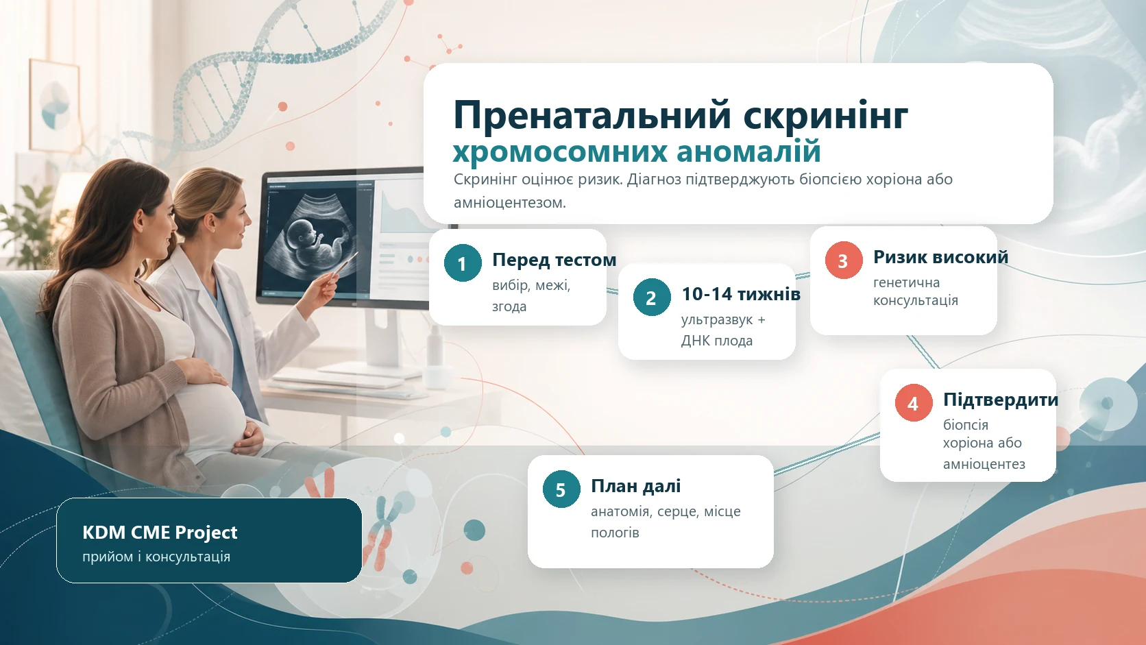 Інфографіка алгоритму пренатального скринінгу хромосомних аномалій: передтестове консультування, ультразвукове дослідження першого триместру, комбінований скринінг або позаклітинна ДНК плода, позитивний результат як підвищений ризик, біопсія ворсин хоріона або амніоцентез для діагнозу, м’які маркери, генетичне консультування і план подальшого ведення.