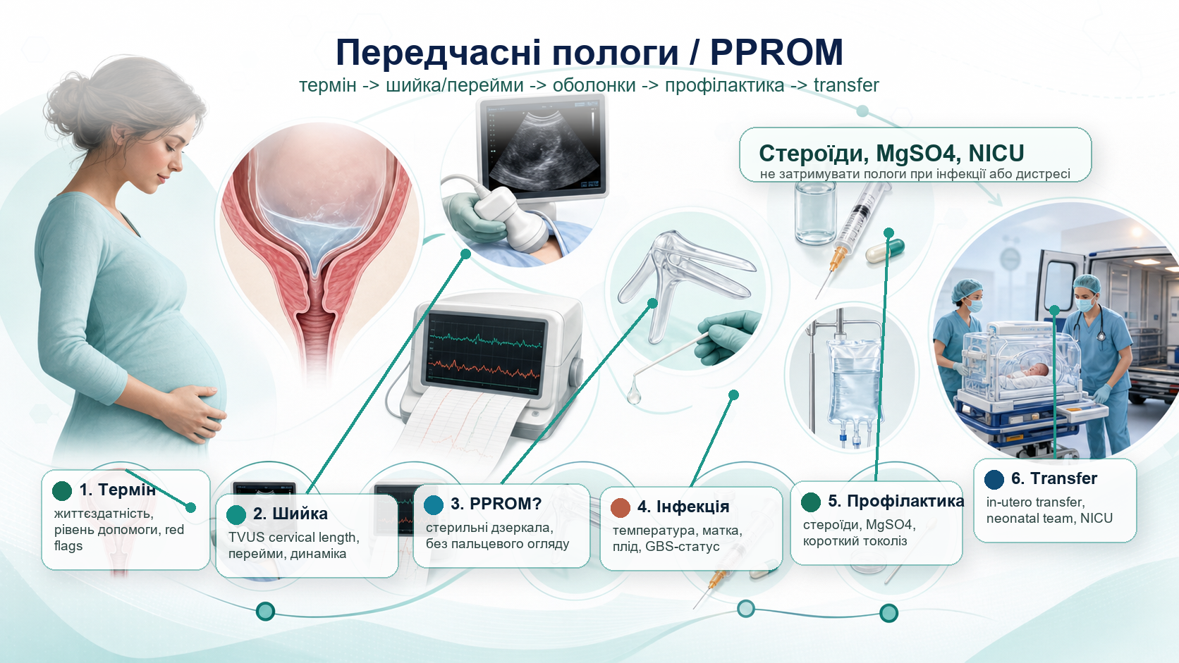 Preterm labour and PPROM clinical pathway infographic: gestational age, contractions, cervical length, membrane rupture, infection signs, antenatal corticosteroids, magnesium sulfate, tocolysis, antibiotics, transfer and neonatal team planning.