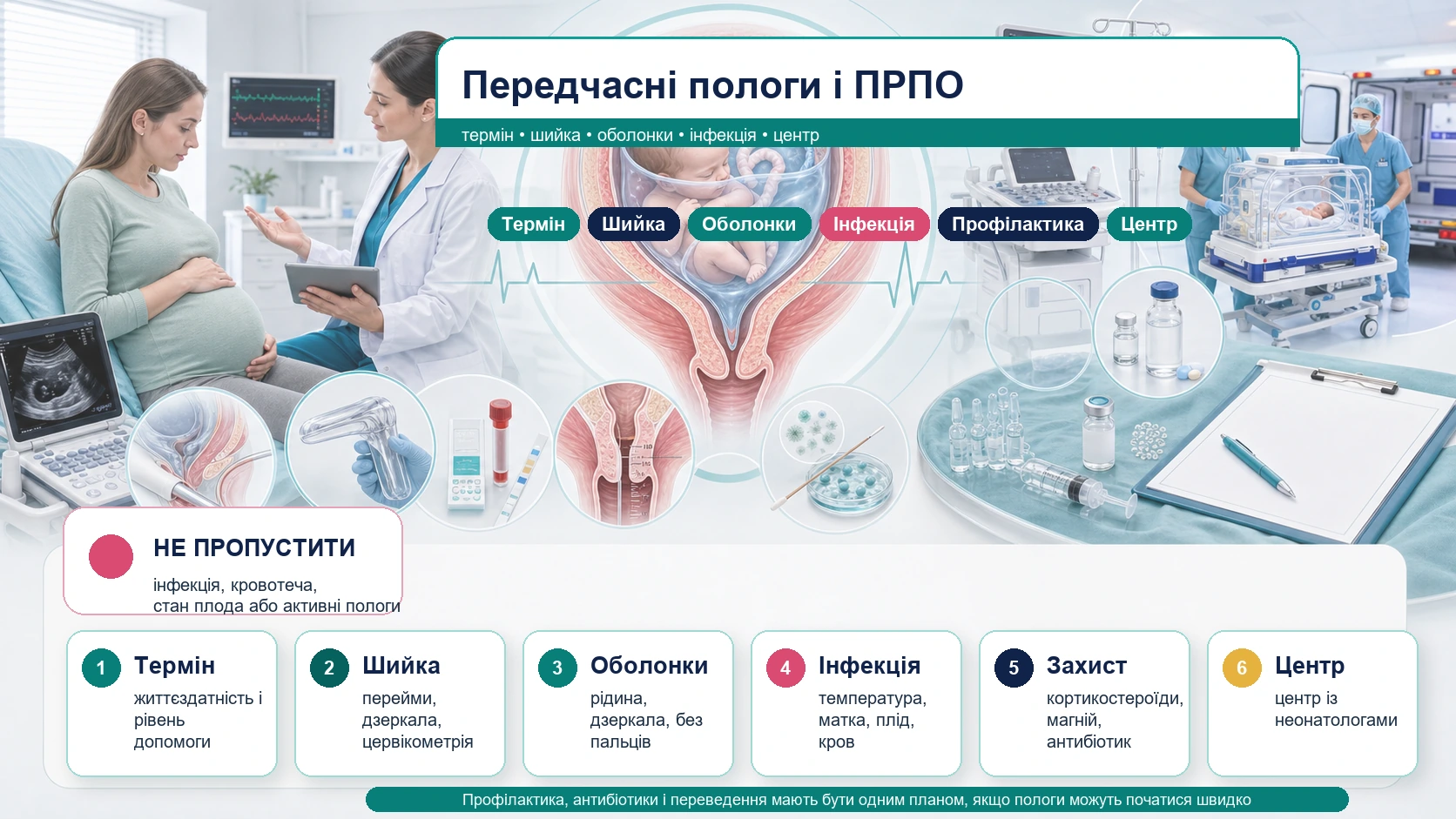 Інфографіка алгоритму передчасних пологів і передчасного розриву плодових оболонок: термін вагітності, перейми, довжина шийки матки, підтікання вод, ознаки інфекції, антенатальні кортикостероїди, магнію сульфат, токоліз, антибіотики, переведення і неонатальний план.