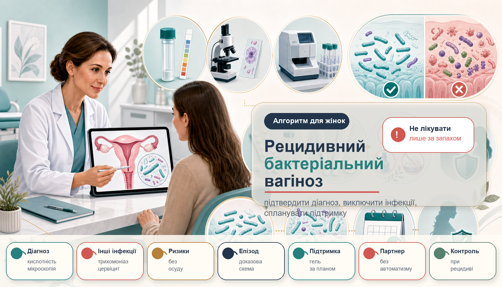 Інфографіка алгоритму рецидивного бактеріального вагінозу: підтвердити діагноз, кислотність піхви і мікроскопія, виключити інфекції, що передаються статевим шляхом, фактори ризику, лікування епізоду, підтримка і контроль.