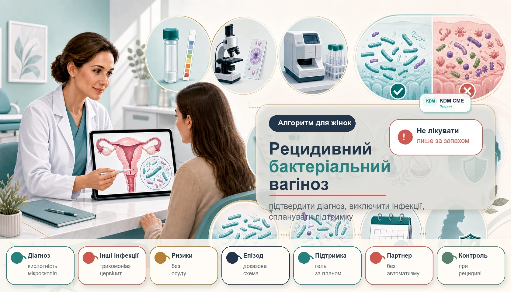 Медична інфографіка алгоритму рецидивного бактеріального вагінозу: консультація без стигми, модель матки та шийки матки з вагінальним мікробіомом, кислотність піхви, мікроскопія з ключовими клітинами, лабораторне підтвердження, виключення трихомоніазу та цервіциту, фактори ризику без осуду, лікування симптомного епізоду, підтримувальна терапія, партнерське консультування і контроль при рецидиві.