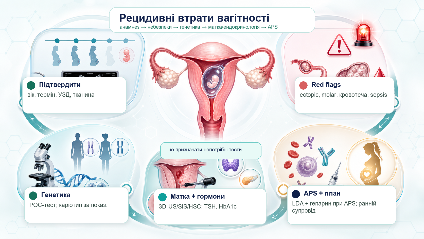 Recurrent pregnancy loss clinical pathway infographic: history, red flags, genetics, uterine cavity, endocrine tests, antiphospholipid syndrome and next pregnancy support.