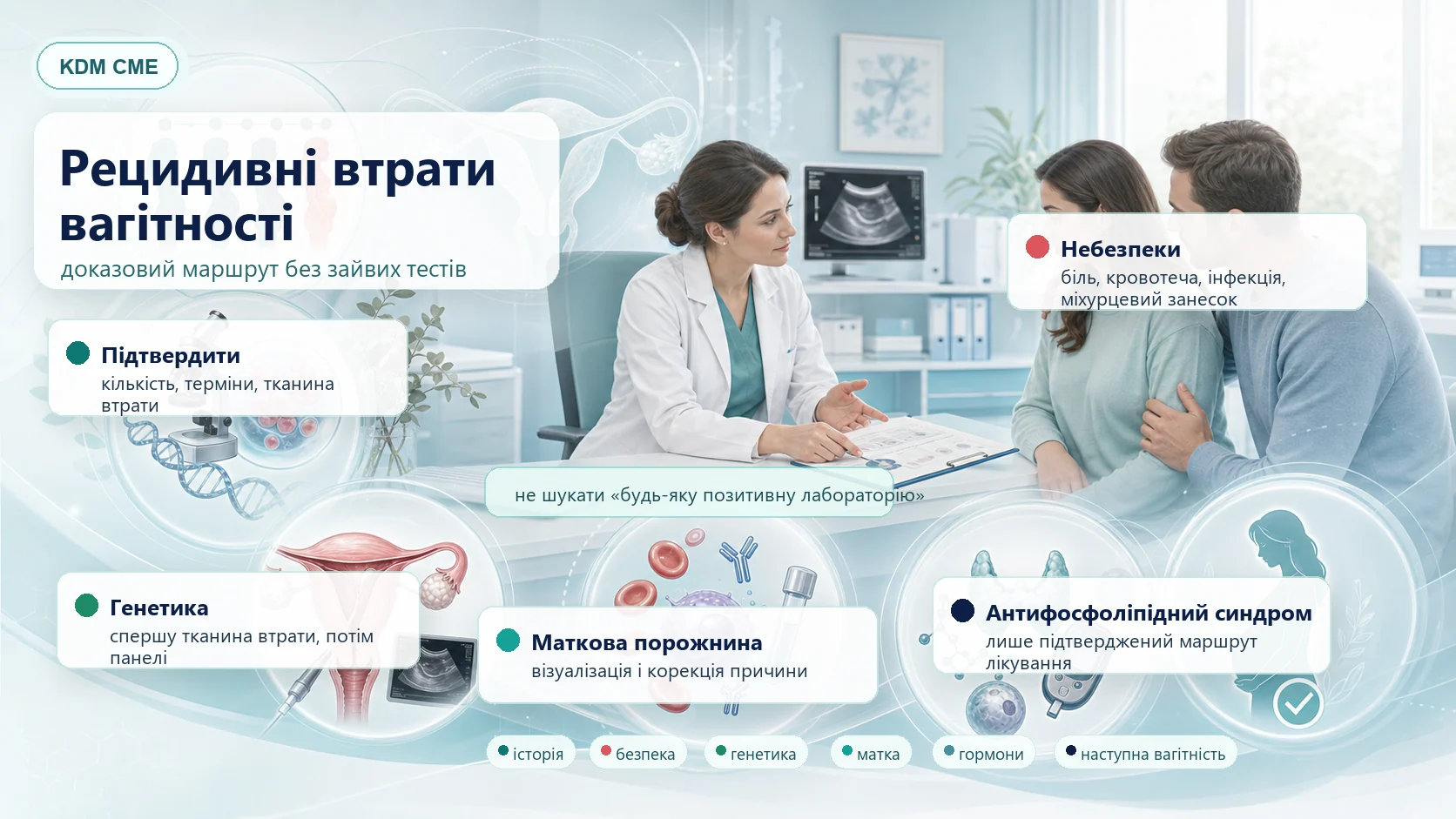 Інфографіка алгоритму рецидивних втрат вагітності: підтвердження втрат, небезпечні сценарії, генетика тканини втрати, маткова порожнина, антифосфоліпідний синдром, гормони і план наступної вагітності.