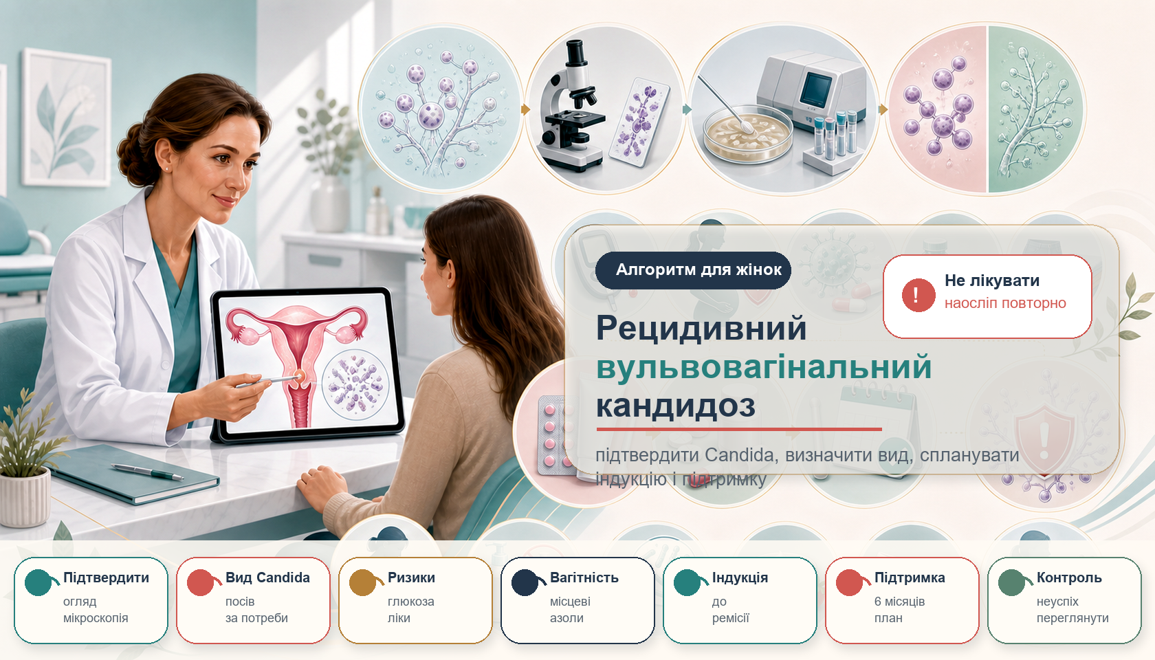 Інфографіка алгоритму рецидивного вульвовагінального кандидозу: підтвердити діагноз, мікроскопія або посів, вид Candida, фактори ризику, індукційна терапія, підтримка і контроль.