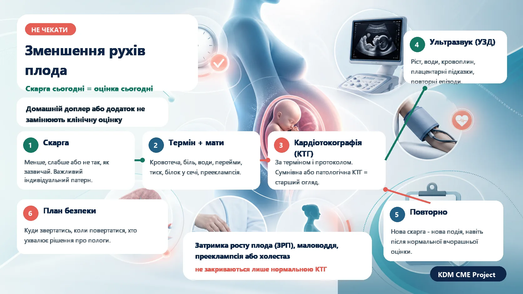 Інфографіка алгоритму зменшення рухів плода: скарга сьогодні, контакт з акушерською службою в той самий день, термін вагітності, серцебиття плода, кардіотокографія, ультразвукове дослідження росту, вод і кровоплину, материнський тиск і сеча, плацентарні ризики, повторний епізод, план пологів і план безпеки.