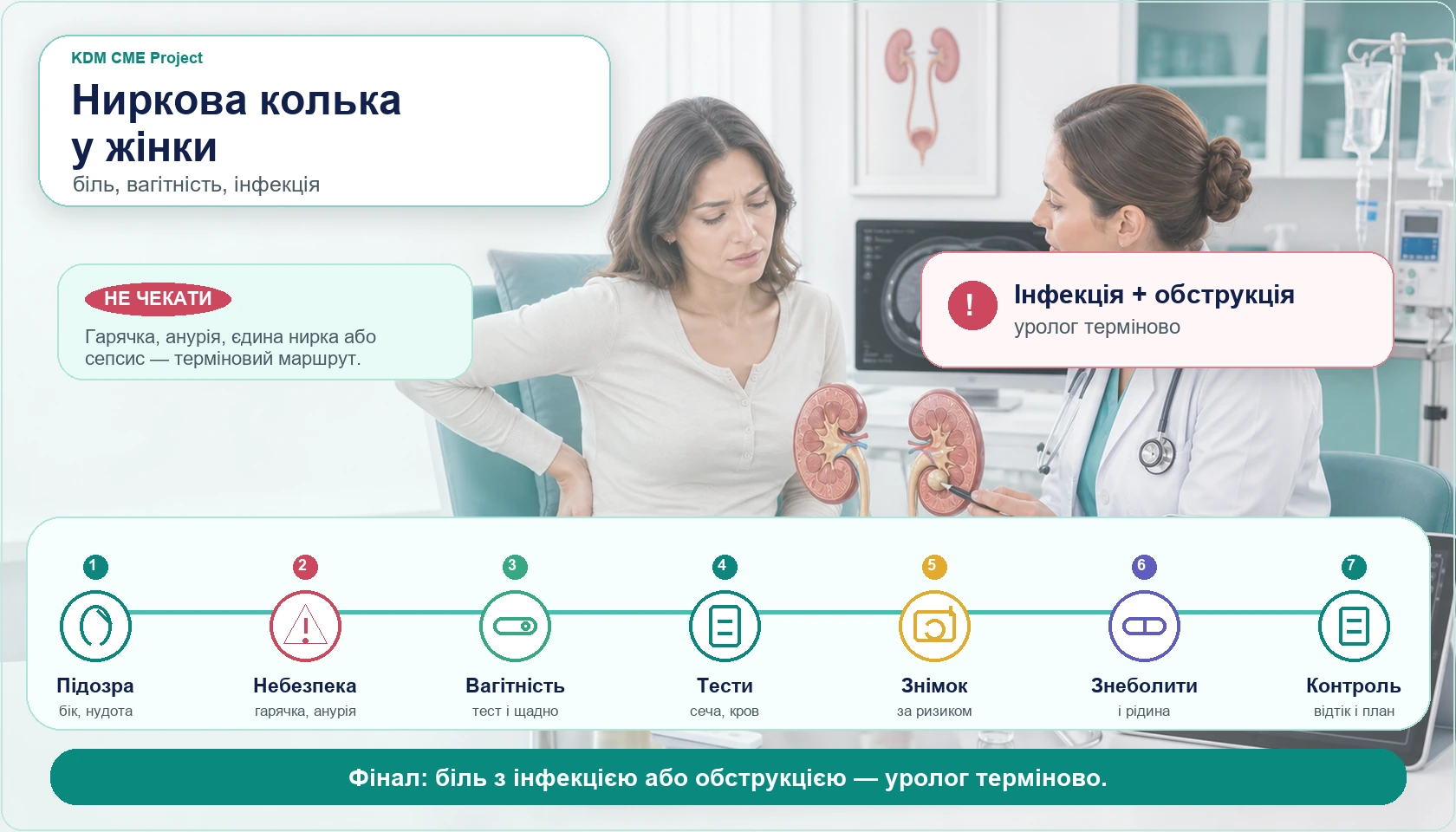 Медична інфографіка алгоритму ниркової кольки у жінки: пацієнтка з болем у боці, модель нирок і сечоводу з каменем, аналіз сечі з кров’ю, тест на вагітність, ультразвукове дослідження нирок, комп’ютерна томографія за показаннями, оцінка гарячки, анурії, блювання, єдиної нирки та сепсису, знеболення, відновлення відтоку сечі і терміновий уролог при інфікованій обструкції.