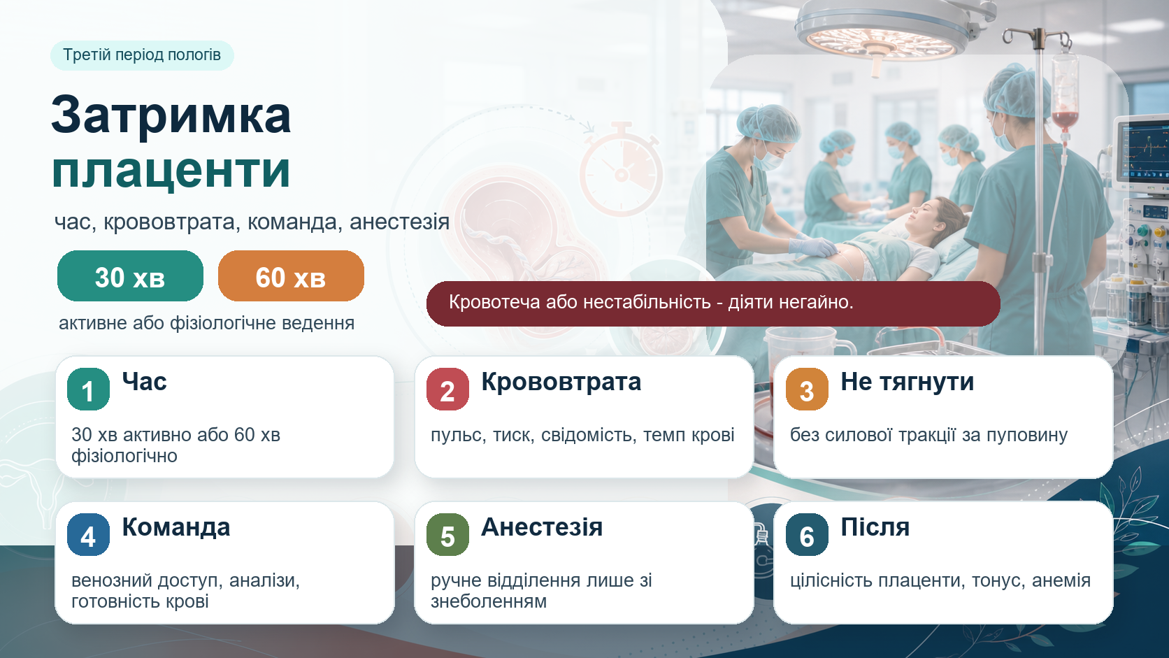 Інфографіка алгоритму затримки плаценти: третій період пологів, 30 хвилин при активному веденні або 60 хвилин при фізіологічному веденні, оцінка крововтрати, заборона силової тракції за пуповину, венозний доступ, аналізи, готовність крові, анестезія, ручне відділення плаценти, контроль тонусу матки, анемії і післяпологової кровотечі.