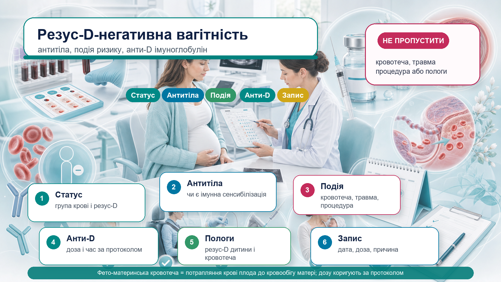 Інфографіка алгоритму резус-D-негативної вагітності та анти-D імуноглобуліну: група крові, резус-D, скринінг антитіл, несенсибілізована пацієнтка, подія ризику, кровотеча, травма, інвазивна процедура, пологи, фето-материнська кровотеча, доза, час і документація.