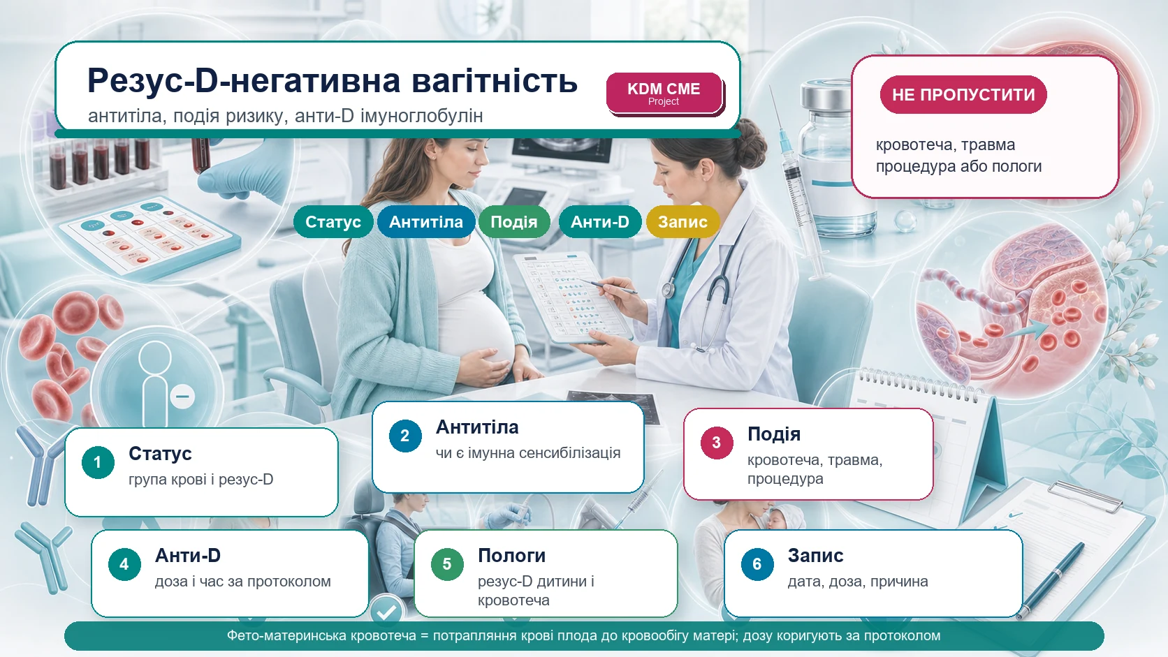 Інфографіка алгоритму резус-D-негативної вагітності та анти-D імуноглобуліну: група крові, резус-D, скринінг антитіл, несенсибілізована пацієнтка, подія ризику, кровотеча, травма, інвазивна процедура, пологи, фето-материнська кровотеча, доза, час і документація.