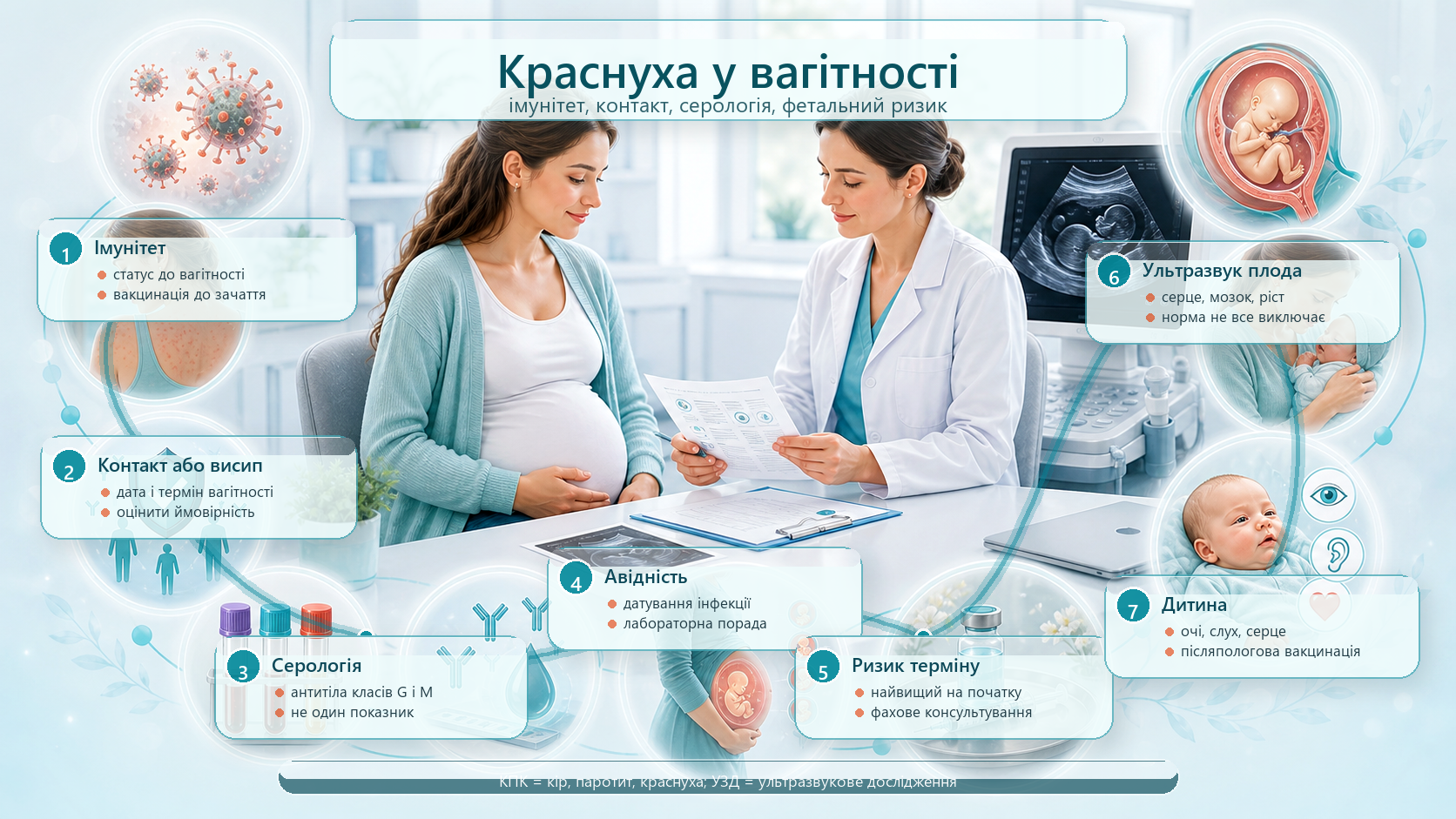 Інфографіка алгоритму краснухи у вагітності: імунітет, контакт, висип, антитіла класів G і M, авідність, ризик за терміном, ультразвукове дослідження плода, вакцина проти кору, паротиту і краснухи після пологів та новонароджений.