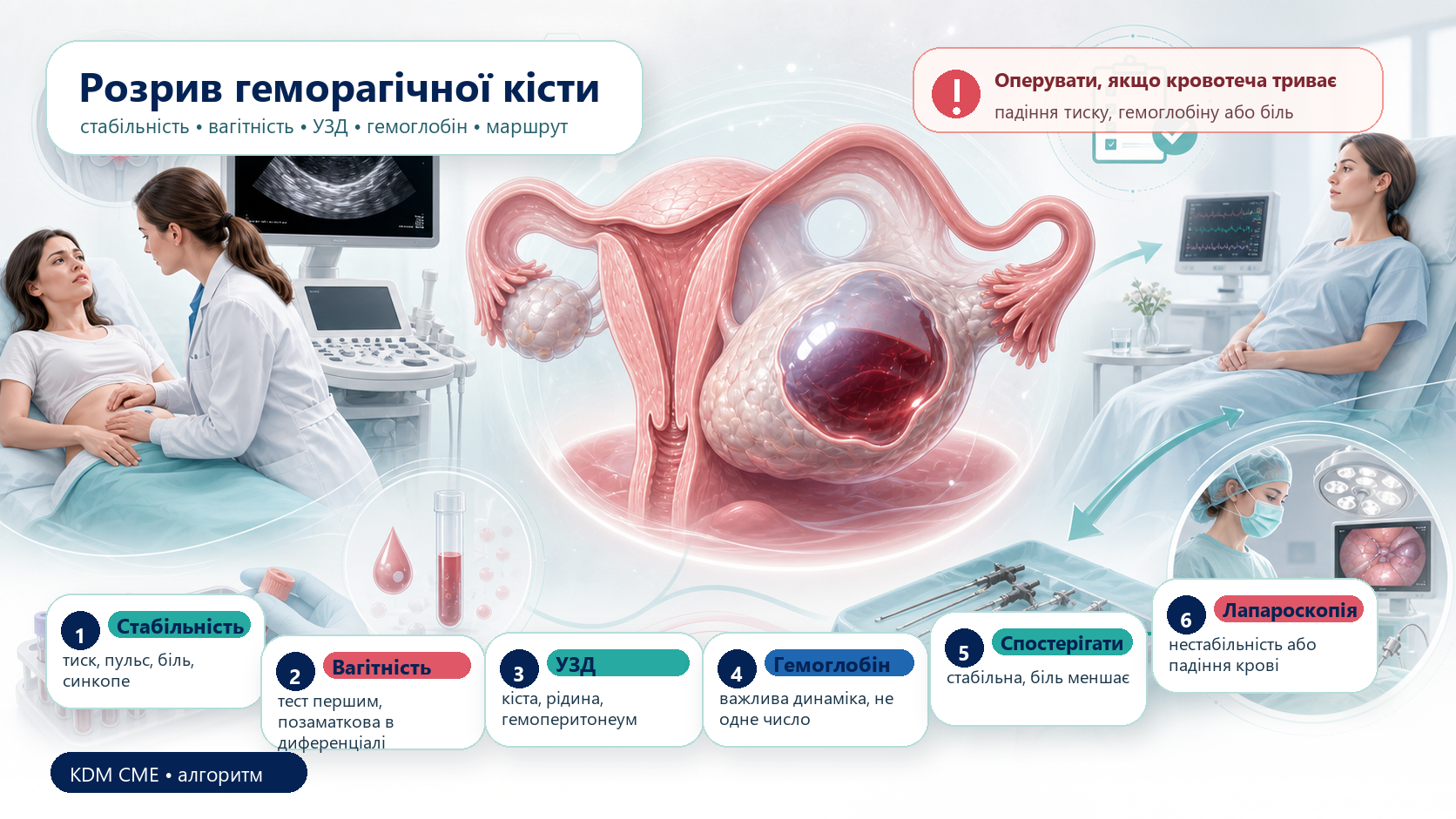 Інфографіка алгоритму розриву геморагічної кісти яєчника: тест на вагітність або бета-хоріонічний гонадотропін людини, стабільність, гемоглобін у динаміці, ультразвукове дослідження, гемоперитонеум, спостереження, лапароскопія і контроль через 6-8 тижнів.
