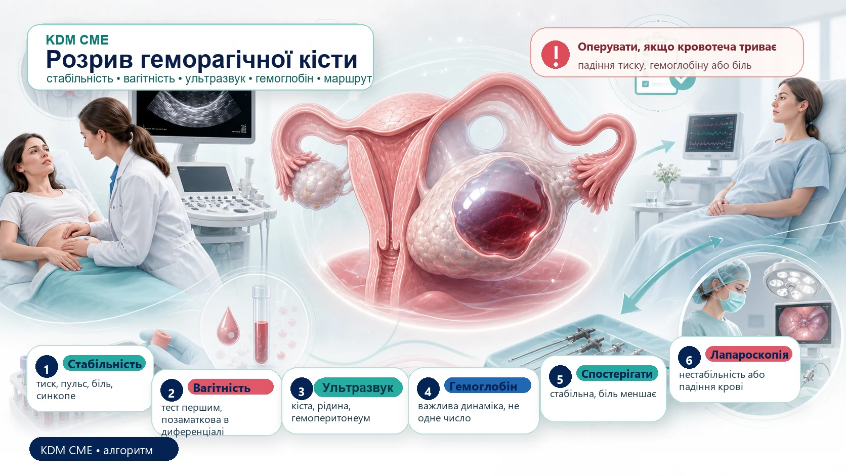 Інфографіка алгоритму розриву геморагічної кісти яєчника: тест на вагітність або бета-хоріонічний гонадотропін людини, стабільність, гемоглобін у динаміці, ультразвукове дослідження, гемоперитонеум, спостереження, лапароскопія і контроль через 6-8 тижнів.