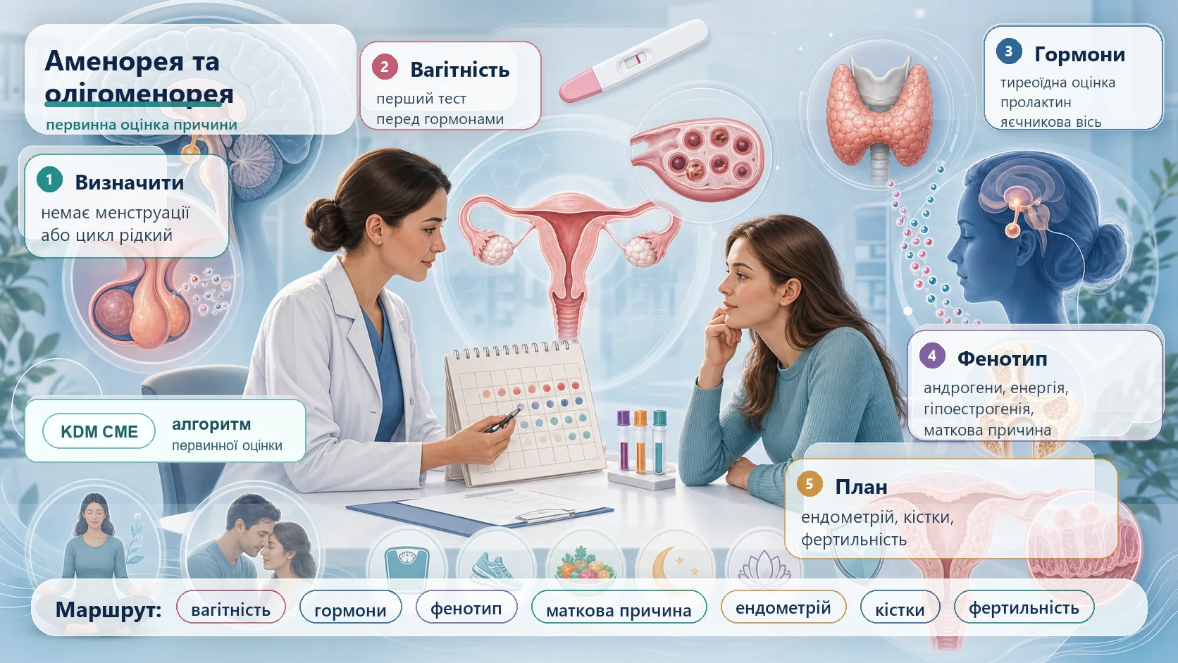 Інфографіка алгоритму аменореї та олігоменореї: тест на вагітність, тиреоїдна оцінка, пролактин, фолікулостимулюючий гормон, естрадіол, синдром полікістозних яєчників, функціональна гіпоталамічна аменорея, передчасна недостатність яєчників, маткова причина, захист ендометрія, кістки і фертильність.