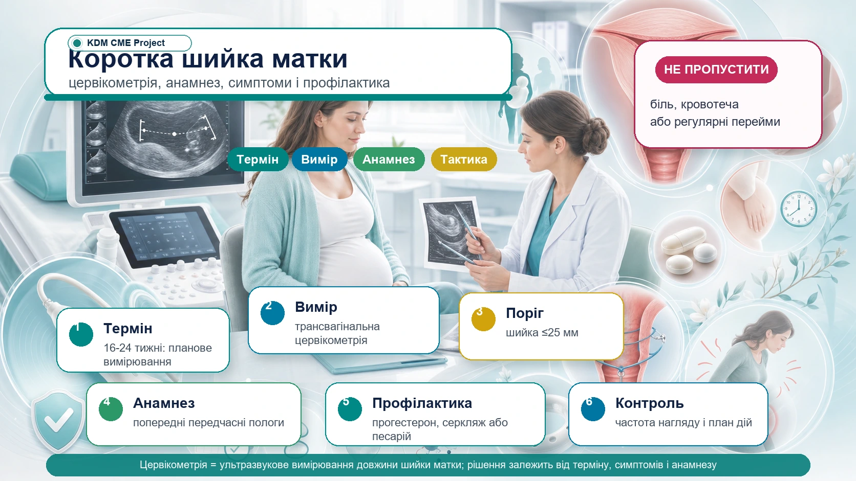 Інфографіка алгоритму короткої шийки матки та істміко-цервікальної недостатності: трансвагінальне ультразвукове дослідження, довжина шийки 25 мм або менше, анамнез передчасних пологів, втрата другого триместру, травма шийки, вагінальний прогестерон, серкляж, ургентний серкляж, протипоказання, контроль і профілактика передчасних пологів.