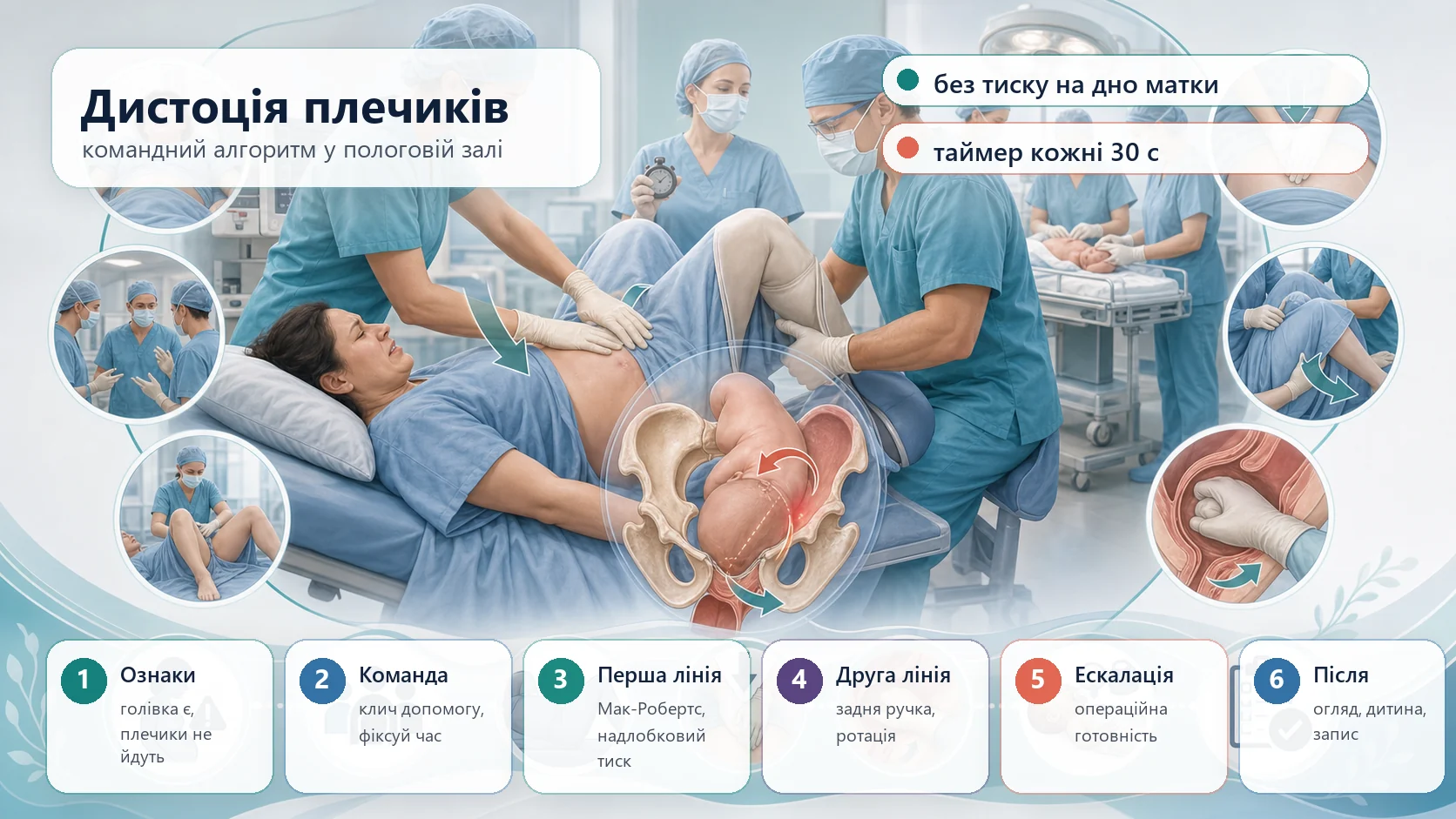 Інфографіка алгоритму дистоції плечиків: затримка народження плечиків після голівки, ознака черепахи, командний виклик, таймер, зупинка потуг, без тиску на дно матки, маневр Мак-Робертса, надлобковий тиск, легка осьова тракція, задня ручка, внутрішня ротація, позиція на чотирьох, досвідчений акушер, операційна готовність, абдомінальна допомога, маневр Заванеллі, огляд матері, оцінка новонародженого, документація і командний розбір.