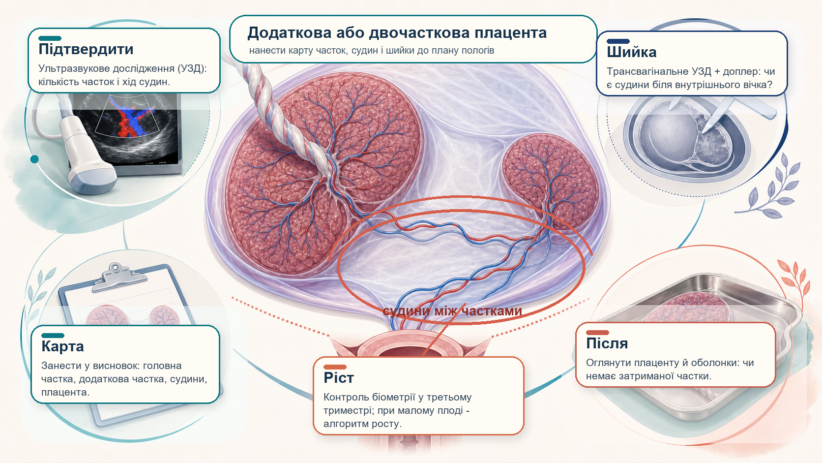Інфографіка алгоритму додаткової або двочасткової плаценти: головна частка, додаткова частка, судини між частками, ультразвукове дослідження і кольорова доплерографія, трансвагінальне ультразвукове дослідження для виключення судин біля внутрішнього вічка, карта плаценти у висновку, контроль росту за клінічним ризиком, післяпологовий огляд плаценти й оболонок для виключення затриманої частки.