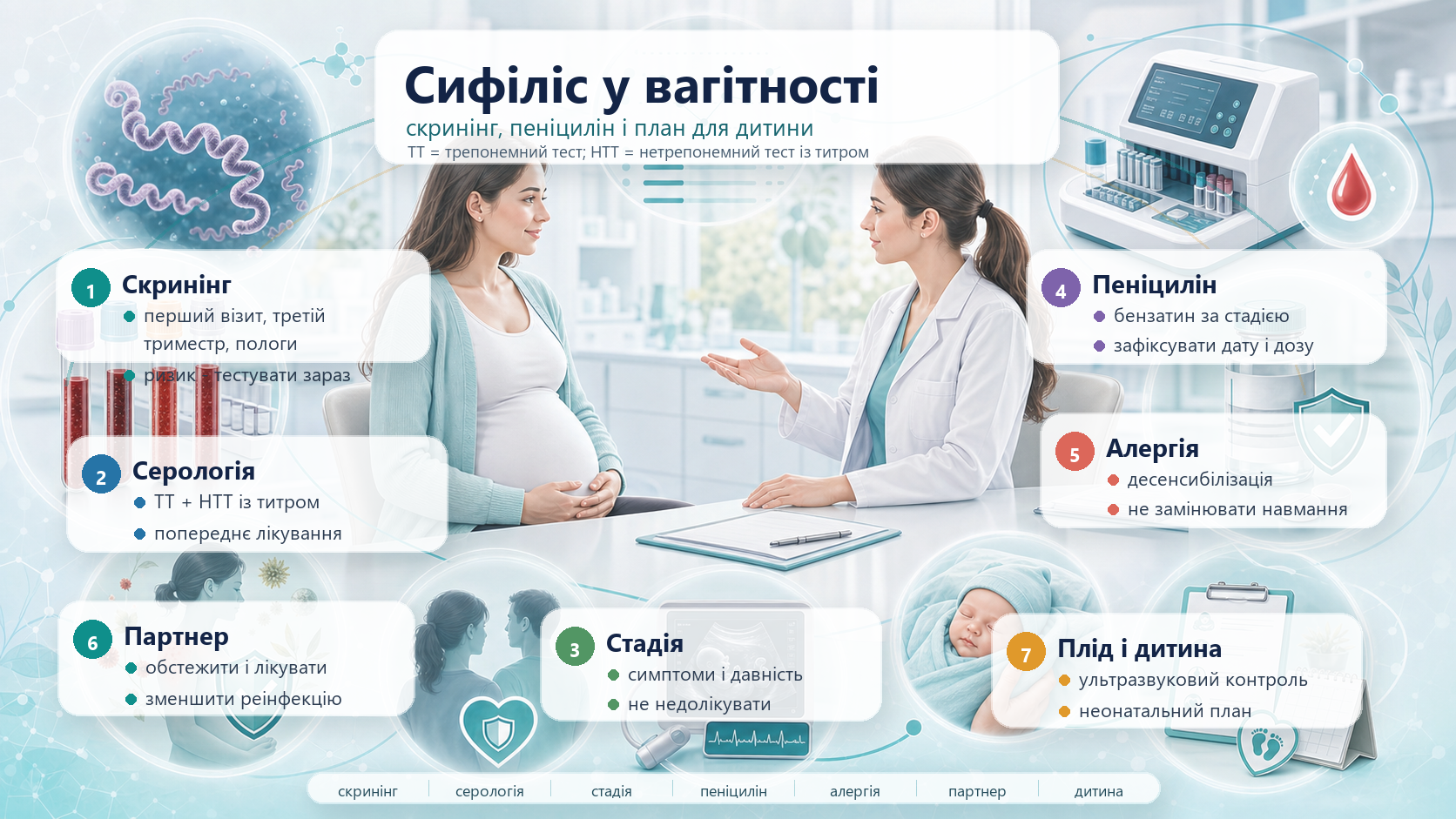 Інфографіка алгоритму сифілісу у вагітності: скринінг тричі, трепонемний і нетрепонемний тести з титром, стадія інфекції, бензатин пеніцилін, десенсибілізація при алергії, партнер і контакти, ультразвукове дослідження плода та неонатальний план.