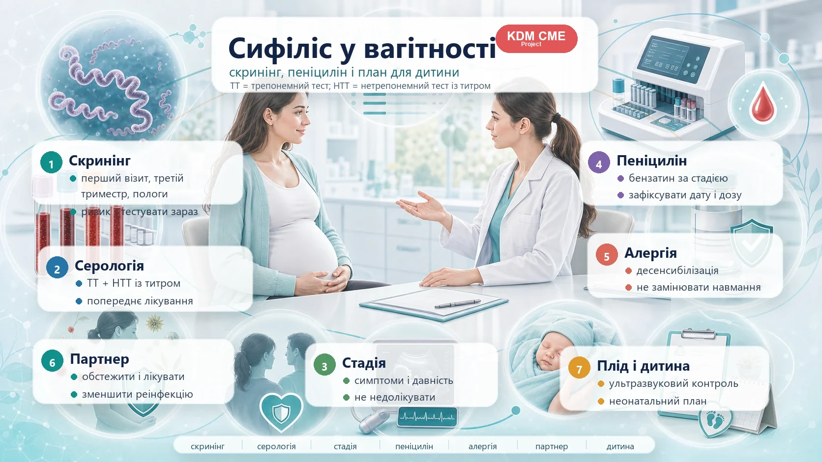 Інфографіка алгоритму сифілісу у вагітності: скринінг тричі, трепонемний і нетрепонемний тести з титром, стадія інфекції, бензатин пеніцилін, десенсибілізація при алергії, партнер і контакти, ультразвукове дослідження плода та неонатальний план.