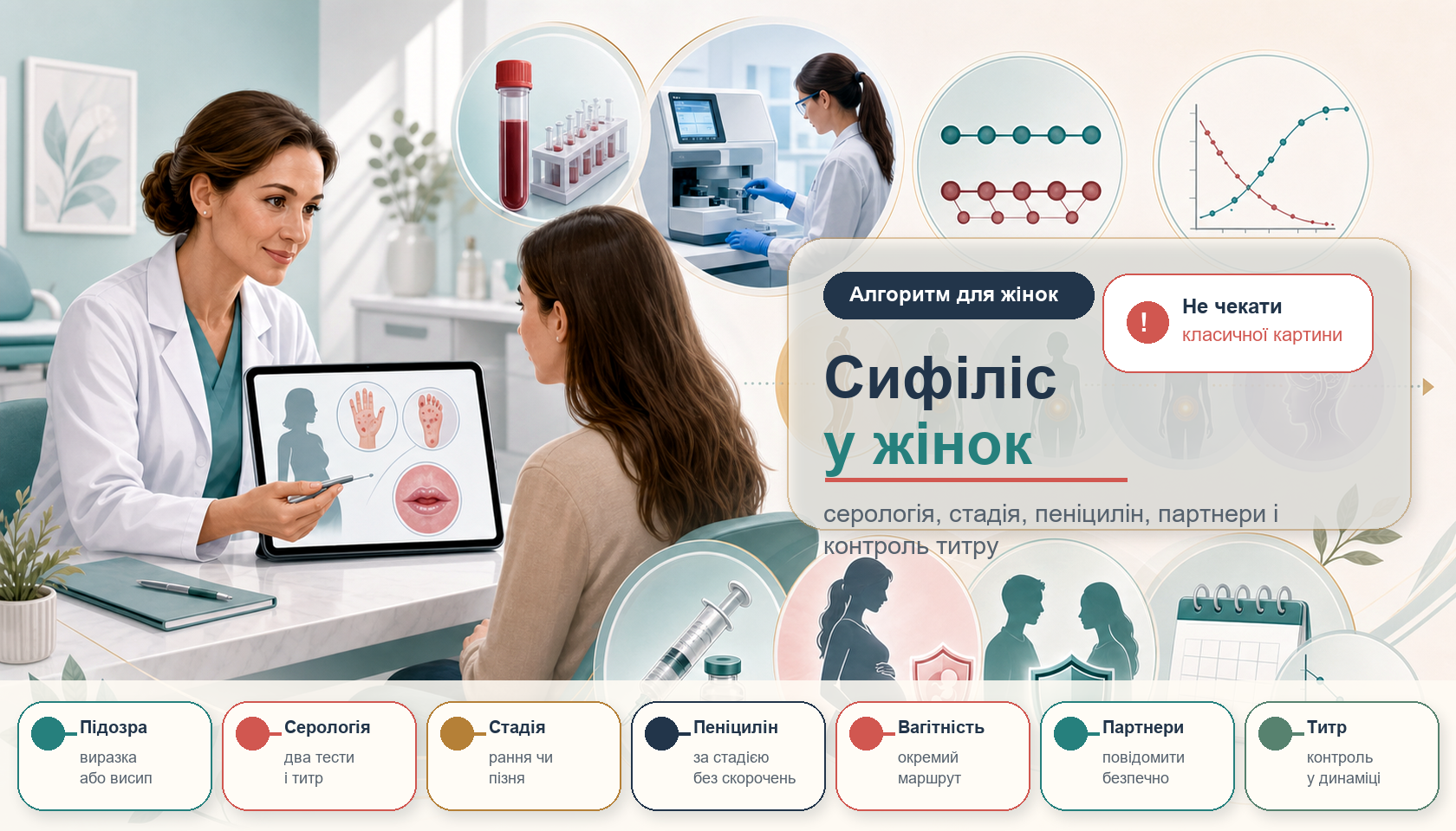 Інфографіка алгоритму сифілісу у жінок: підозра, серологія, стадія, пеніцилін, вагітність, партнери і титровий контроль.
