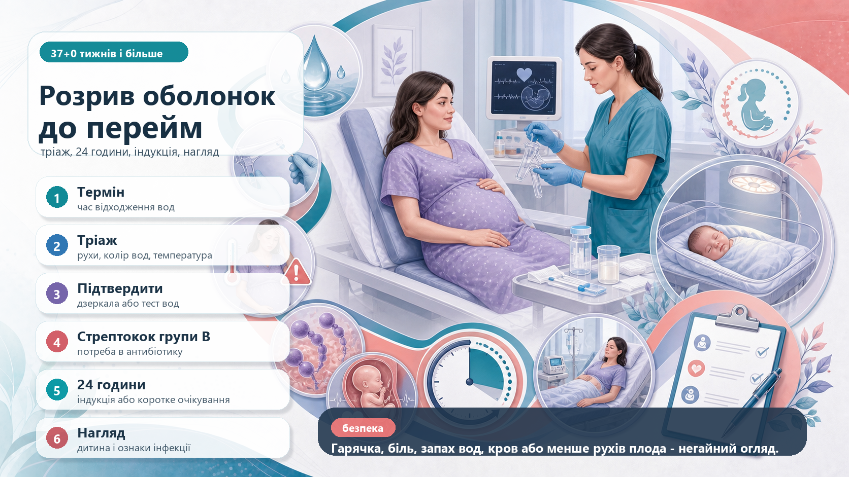 Інфографіка алгоритму дородового розриву плодових оболонок у доношеній вагітності: 37+0 тижнів, час відходження вод, тріаж рухів плода, кольору вод і температури, підтвердження без зайвого вагінального огляду, стрептокок групи B, рішення до 24 годин, індукція і нагляд за новонародженим.