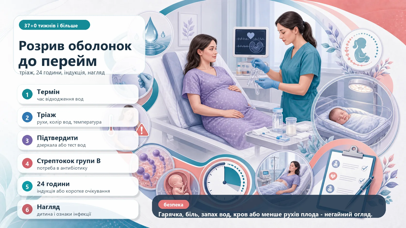 Інфографіка алгоритму дородового розриву плодових оболонок у доношеній вагітності: 37+0 тижнів, час відходження вод, тріаж рухів плода, кольору вод і температури, підтвердження без зайвого вагінального огляду, стрептокок групи B, рішення до 24 годин, індукція і нагляд за новонародженим.
