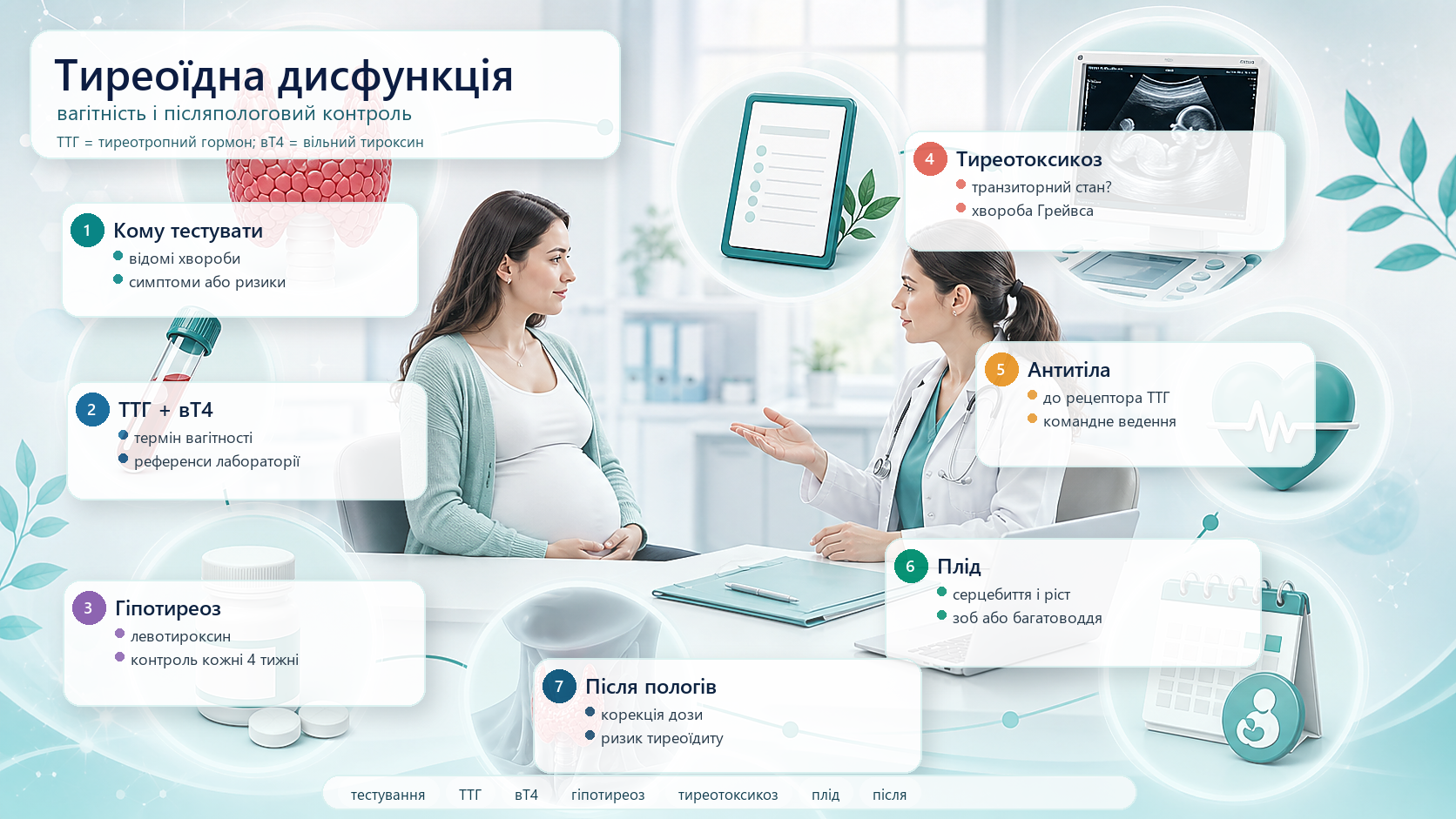Інфографіка алгоритму тиреоїдної дисфункції у вагітності: кому тестувати, тиреотропний гормон (ТТГ), вільний тироксин (вТ4), гіпотиреоз, левотироксин, тиреотоксикоз, контроль плода і післяпологове спостереження.