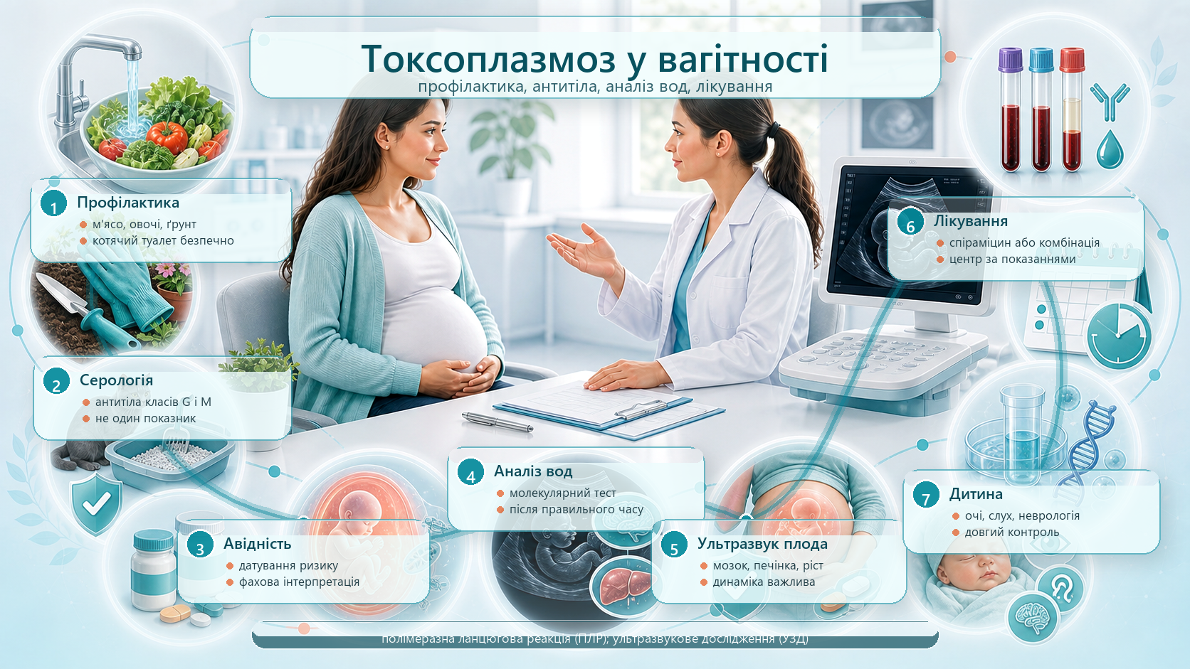 Інфографіка алгоритму токсоплазмозу у вагітності: профілактика, антитіла класів G і M, авідність, первинна інфекція, амніоцентез, полімеразна ланцюгова реакція навколоплідних вод, ультразвукове дослідження плода, лікування і неонатальне тестування.