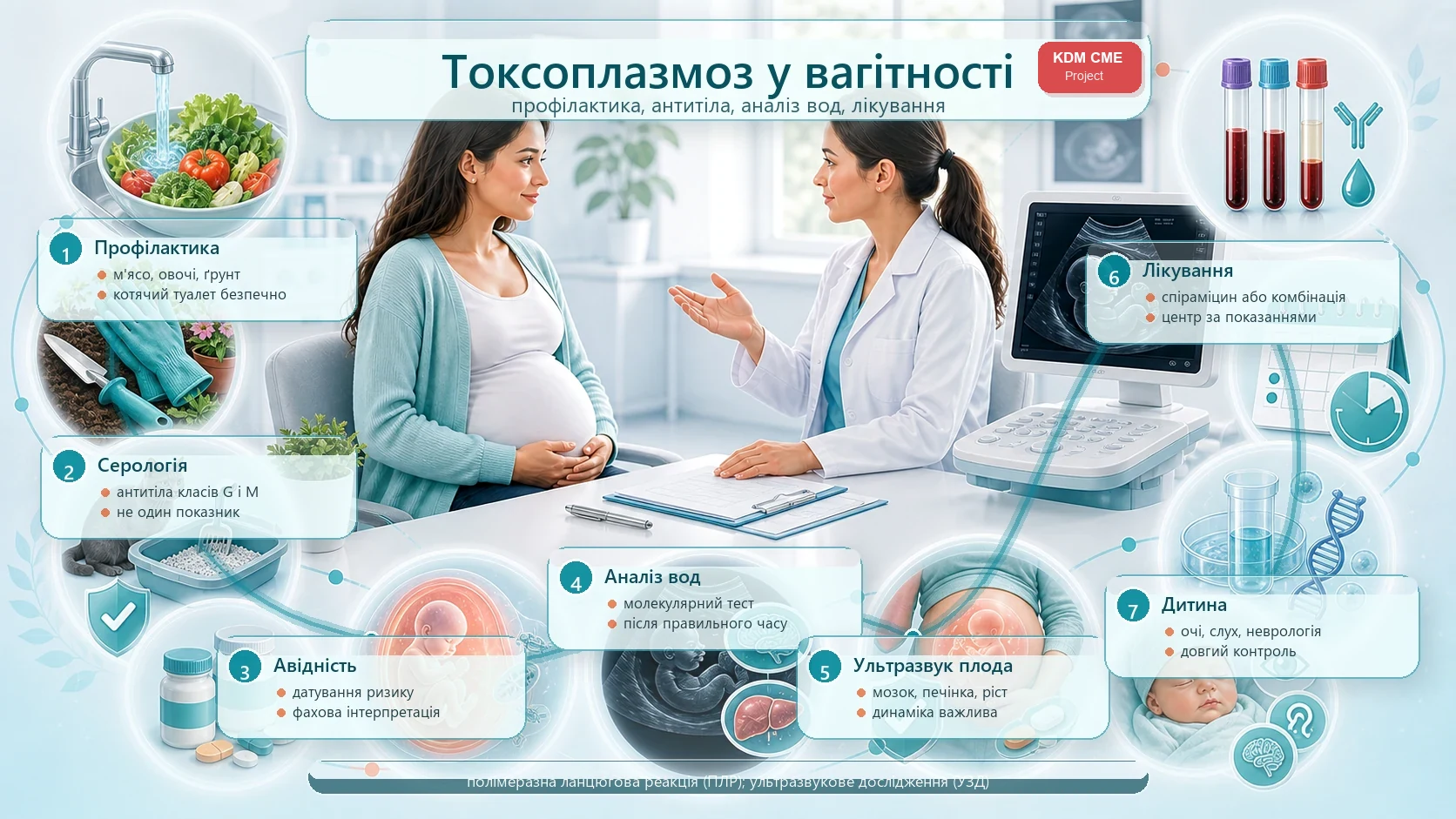 Інфографіка алгоритму токсоплазмозу у вагітності: профілактика, антитіла класів G і M, авідність, первинна інфекція, амніоцентез, полімеразна ланцюгова реакція навколоплідних вод, ультразвукове дослідження плода, лікування і неонатальне тестування.