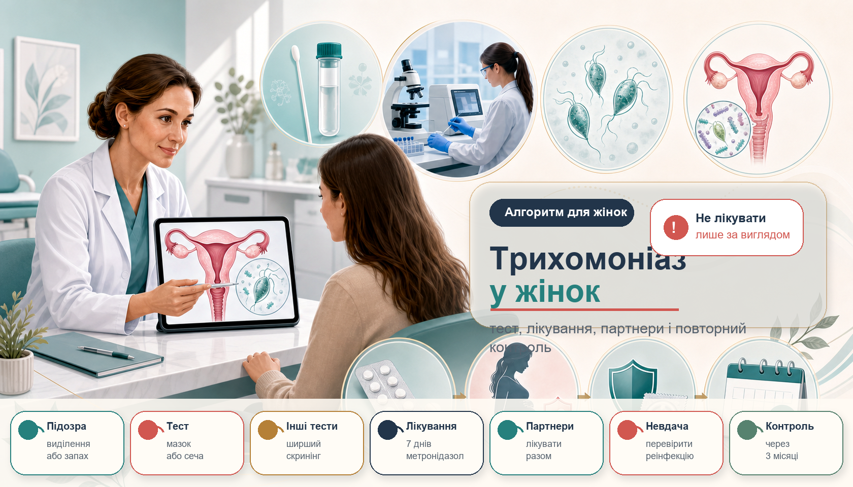 Інфографіка алгоритму трихомоніазу у жінок: підтвердити тестом, оцінити вагітність, перевірити статеві інфекції, лікування, партнери, утримання від сексу і контроль через 3 місяці.