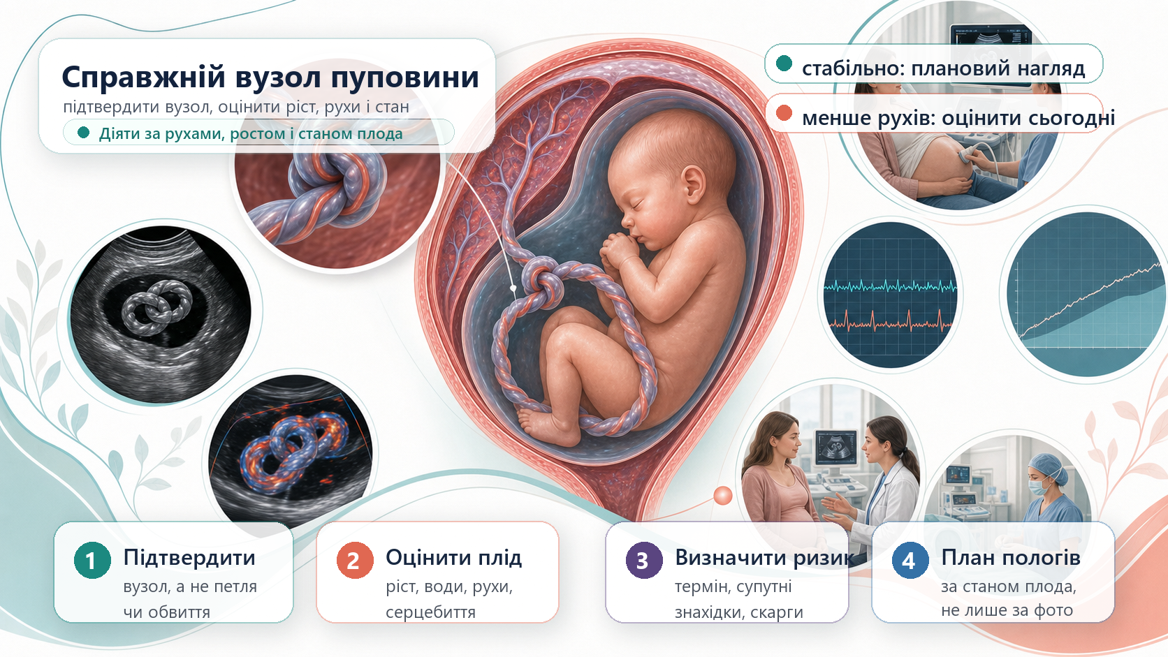 Інфографіка алгоритму справжнього вузла пуповини: вагітна матка, плід, пуповина зі справжнім вузлом, ультразвукове дослідження, кольорова доплерографія, рухи плода, контроль росту, навколоплідні води, обвиття пуповини, антенатальний нагляд, пологи за станом плода і командний план без автоматичного раннього розродження.