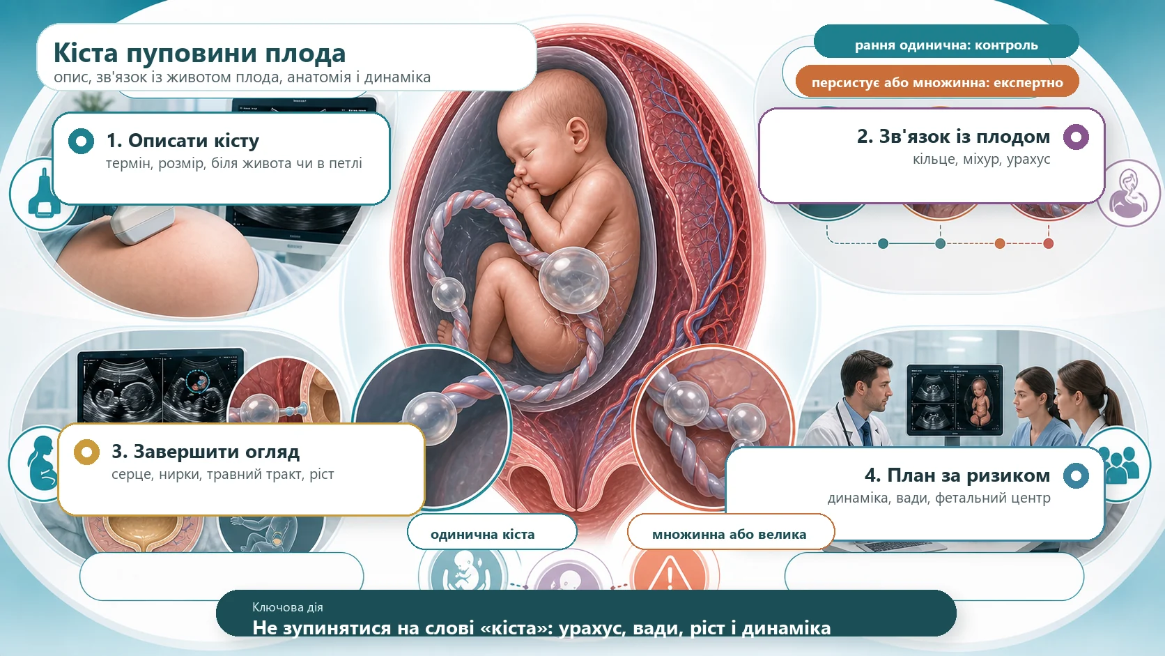 Інфографіка алгоритму кісти пуповини плода: вагітна матка, плід, пуповина з прозорою кістою біля живота плода та кістами у вільній петлі, ультразвукове дослідження, зв’язок із пупковим кільцем, сечовим міхуром і урахусом, одинична рання кіста, персистуюча велика або множинна кіста, завершення анатомії, контроль росту, генетичне консультування і фетальний центр за ризиком.