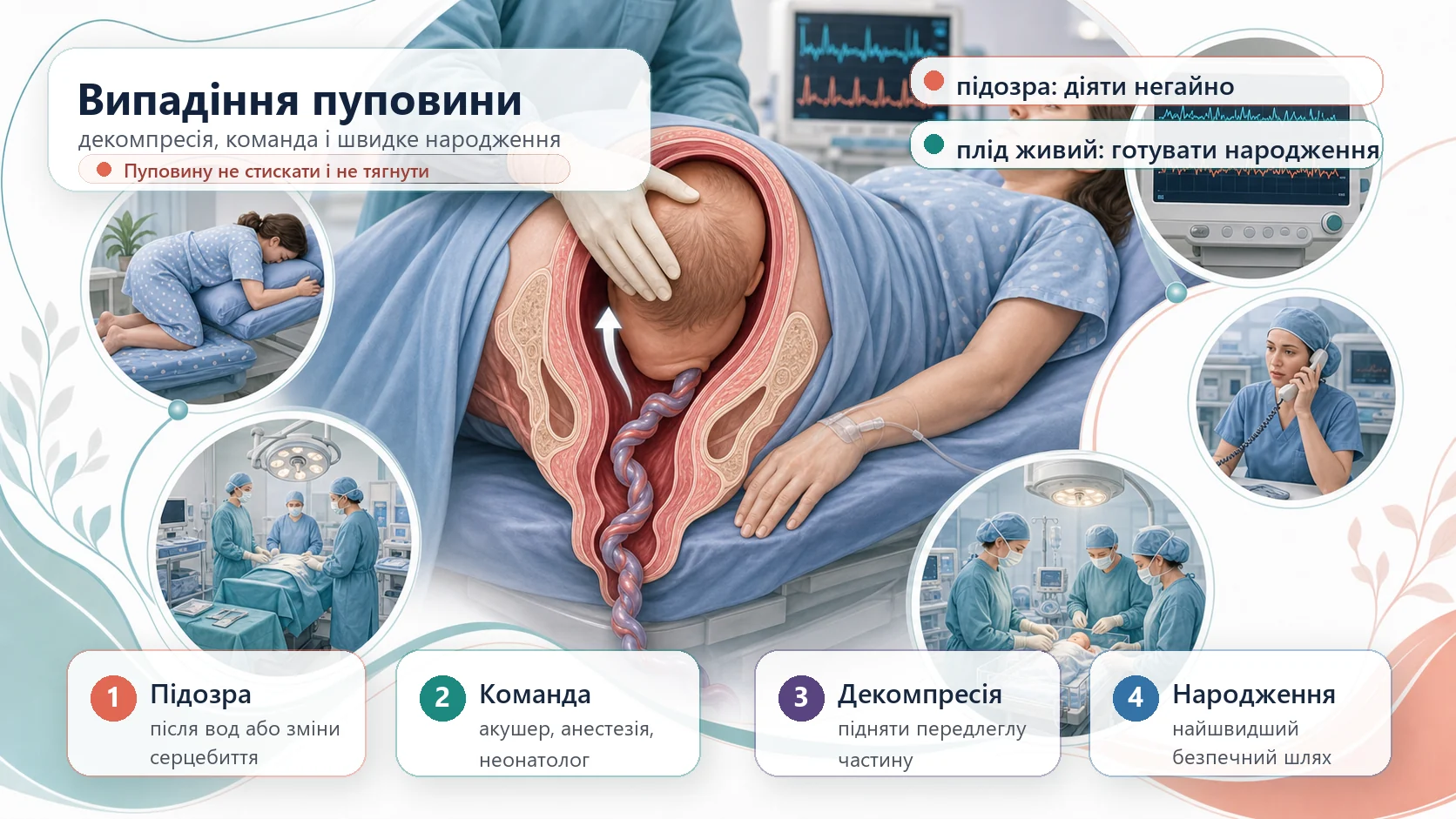 Інфографіка алгоритму випадіння пуповини: акушерська невідкладна ситуація, підозра після розриву оболонок або раптової брадикардії, огляд, виклик команди, підняття передлеглої частини, позиція пацієнтки, не торкатися пуповини, операційна і неонатальна готовність, кесарів розтин або швидке вагінальне народження.