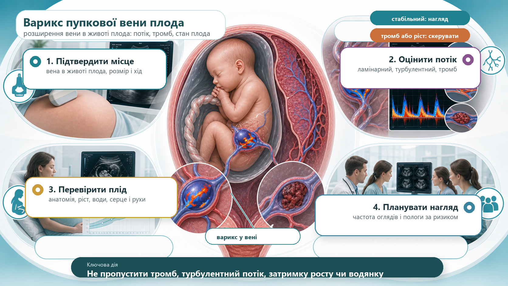 Інфографіка алгоритму вариксу пупкової вени плода: внутрішньоабдомінальне розширення пупкової вени, ультразвукове дослідження, кольорова доплерографія, ламінарний або турбулентний потік, тромб, анатомічна оцінка плода, контроль росту, навколоплідні води, серце, рухи плода, експертний нагляд і план пологів за ризиком.