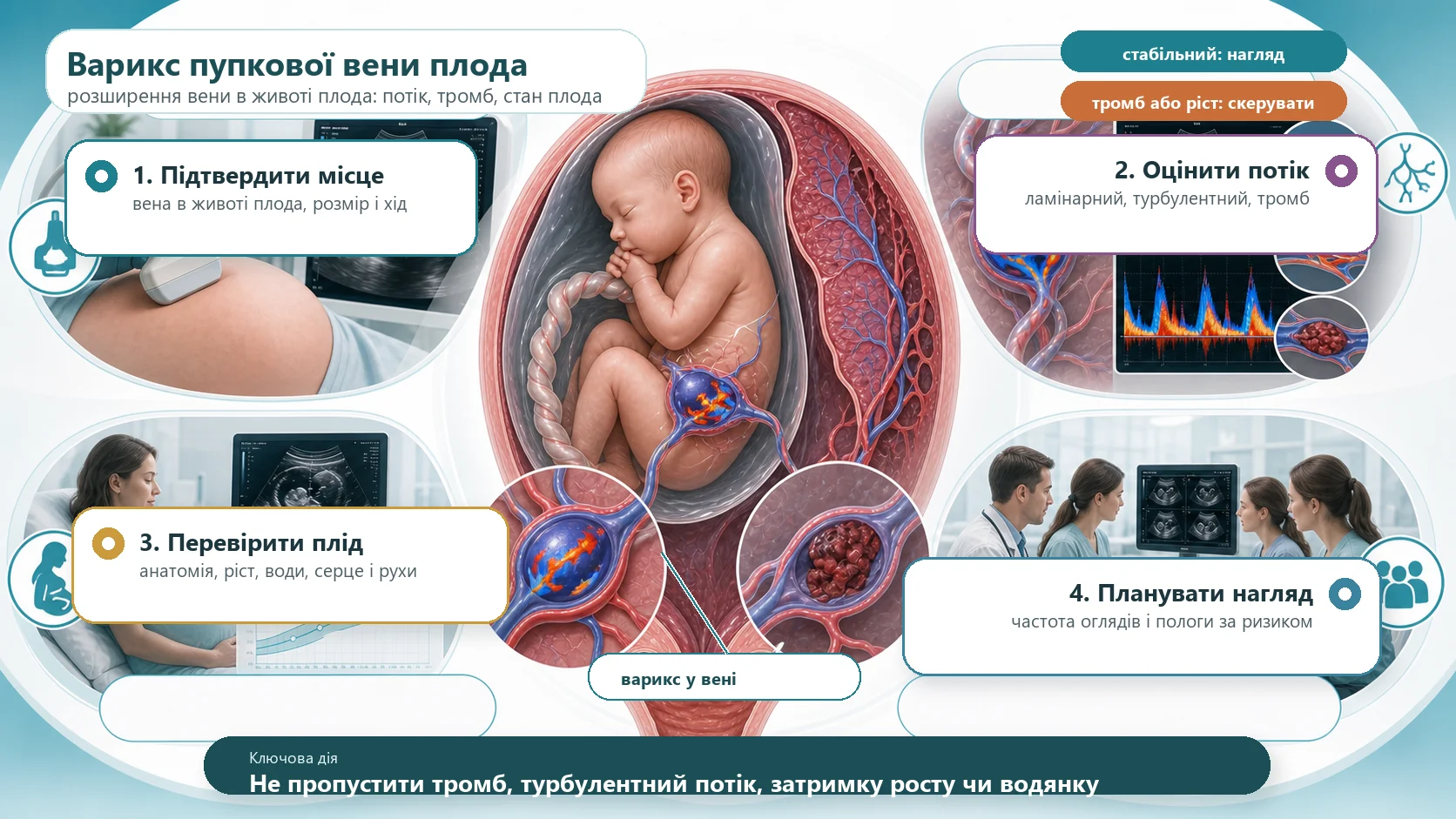 Інфографіка алгоритму вариксу пупкової вени плода: внутрішньоабдомінальне розширення пупкової вени, ультразвукове дослідження, кольорова доплерографія, ламінарний або турбулентний потік, тромб, анатомічна оцінка плода, контроль росту, навколоплідні води, серце, рухи плода, експертний нагляд і план пологів за ризиком.