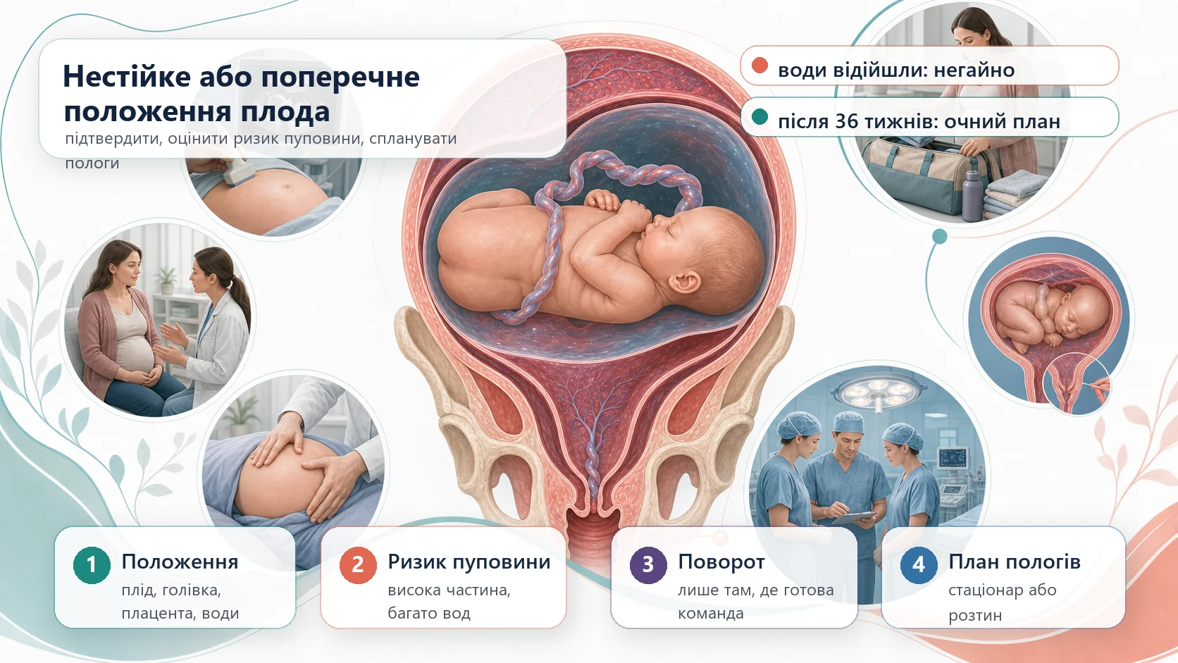 Інфографіка алгоритму нестійкого або поперечного положення плода: вагітна матка з поперечним положенням, ультразвукове дослідження, оцінка ризику випадіння пуповини, зовнішній поворот плода, план госпіталізації, готовність операційної команди і кесарів розтин, якщо положення зберігається.