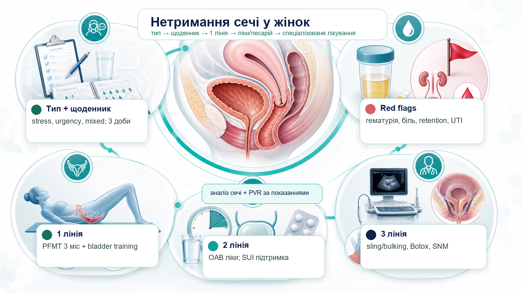 Female urinary incontinence clinical pathway infographic: type, bladder diary, urinalysis, pelvic floor training, bladder training, medication and specialist treatment.