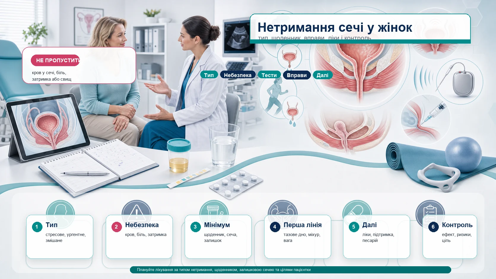 Інфографіка алгоритму нетримання сечі у жінок: тип нетримання, щоденник сечовипускання, аналіз сечі, залишкова сеча після сечовипускання, тренування м’язів тазового дна, тренування сечового міхура, ліки і спеціалізоване лікування.